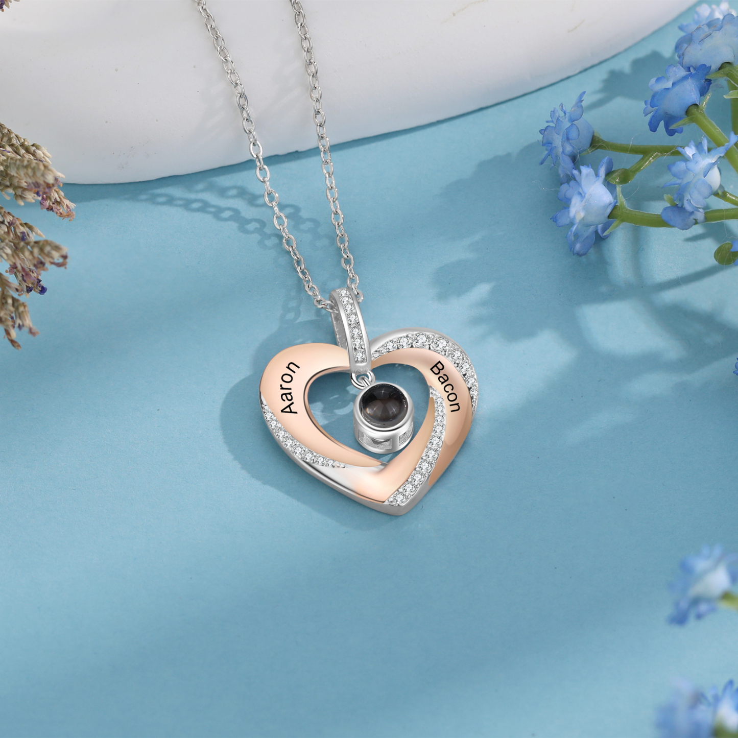 Collier Cœur Projection de Pierres 2 Prénoms et 1 Photo Personnalisés