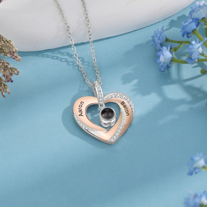 Collier Cœur Projection de Pierres 2 Prénoms et 1 Photo Personnalisés