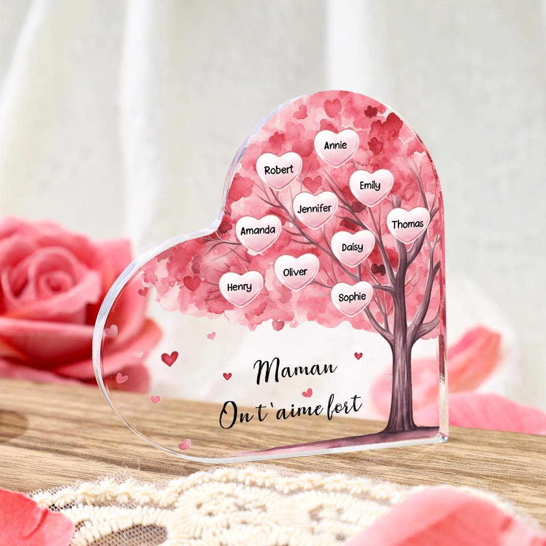À ma Maman/Mamie - Plaque Acrylique Arbre en Forme de Cœur 10 Prénoms Personnalisés avec 1 Texte