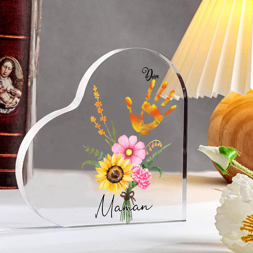 À ma Maman - Plaque Acrylique en Forme de Cœur fleurs 1 Prénom Personnalisé