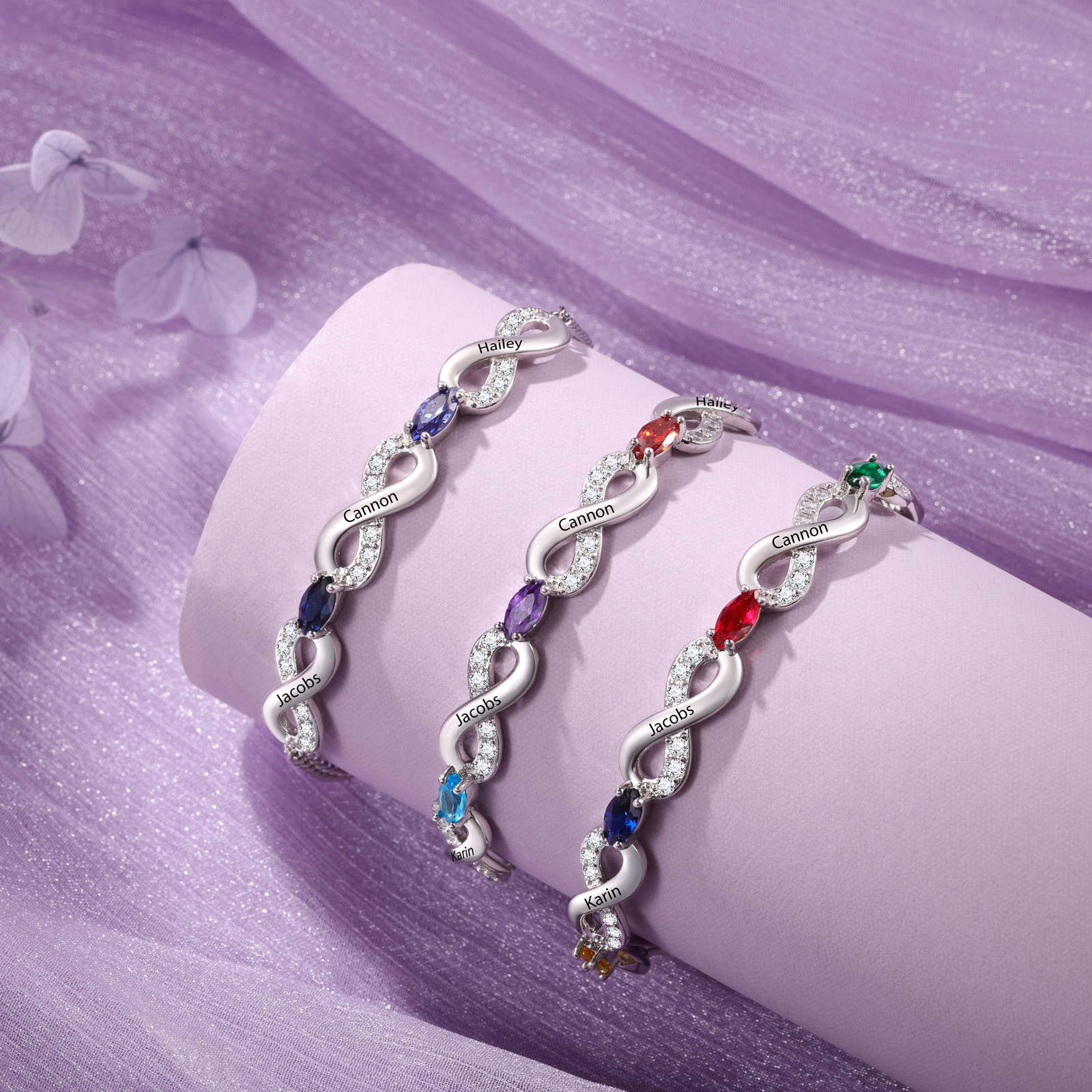 Bracelet Infini 4 Prénoms Personnalisés avec 3 Pierres de Naissance pour Femme