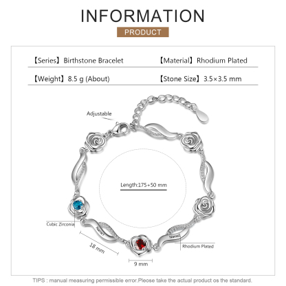 Bracelet Roses 1-5 Prénoms Personnalisés avec Pierres de Naissance - 2 Prénoms