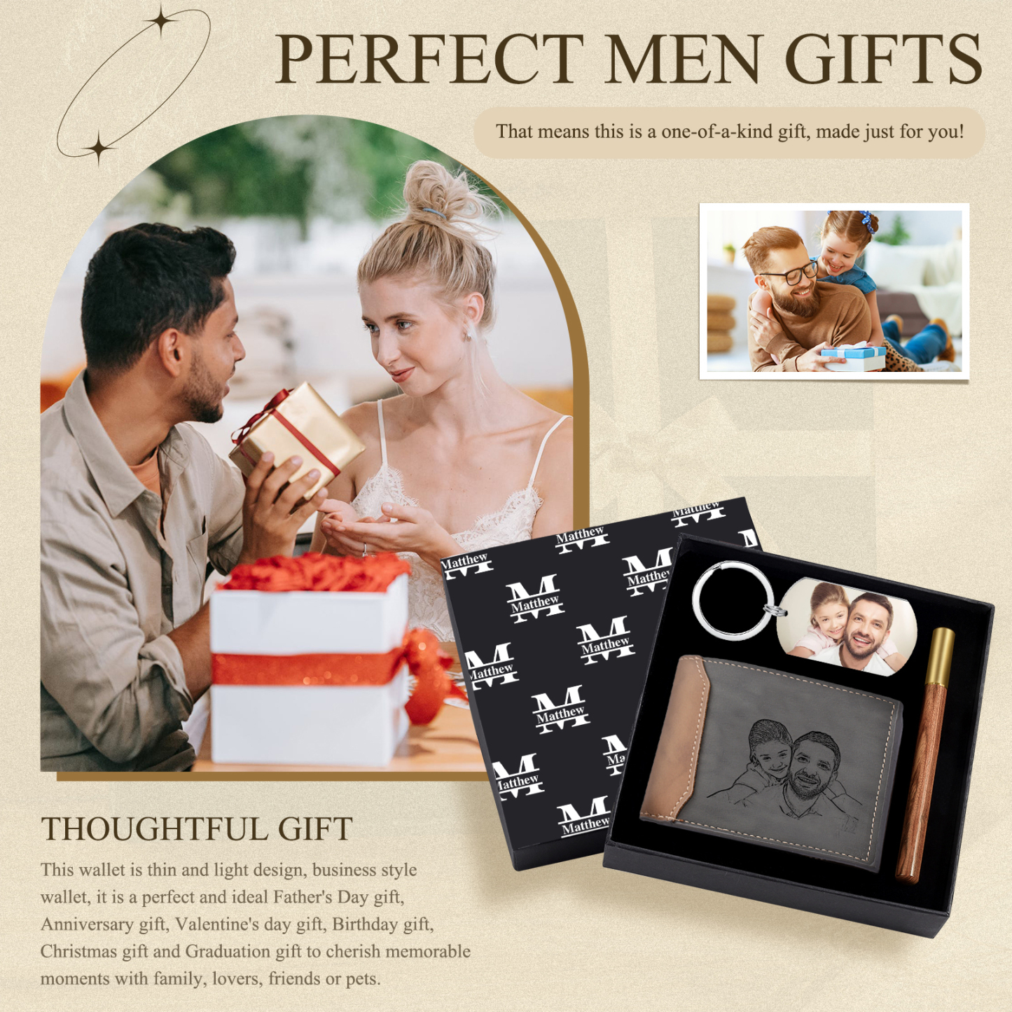 Coffret Cadeau 3PCS - Portefeuille classique Porte-Clés et Stylo 1 Prénom Lettre et Date Personnalisés avec 2 Photos et Textes pour Homme