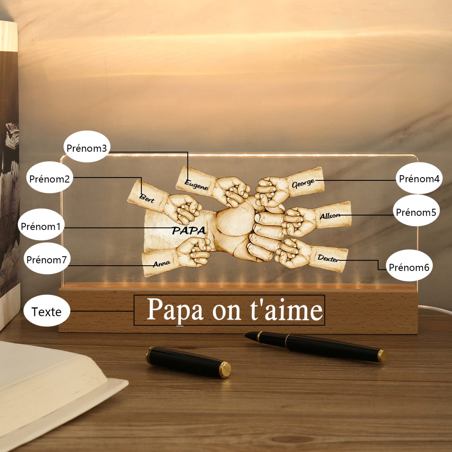 À mon Papa/Papi- Lampe de chevet LED Poings 7 Prénoms Personnalisés avec Texte