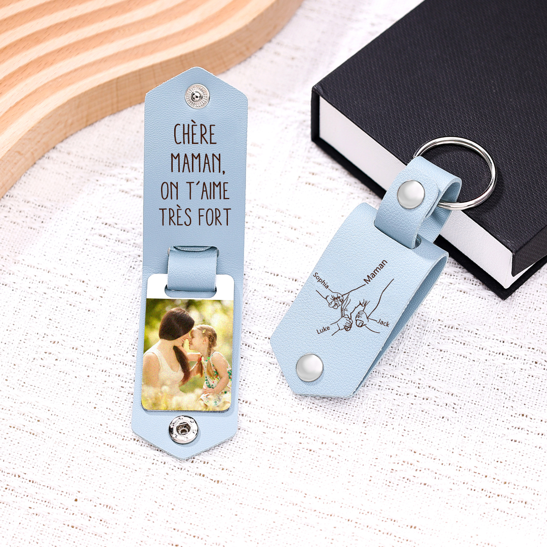À ma Maman - Porte-Clés Cuir la Main dans la Main 3 Prénoms Personnalisés avec Photo