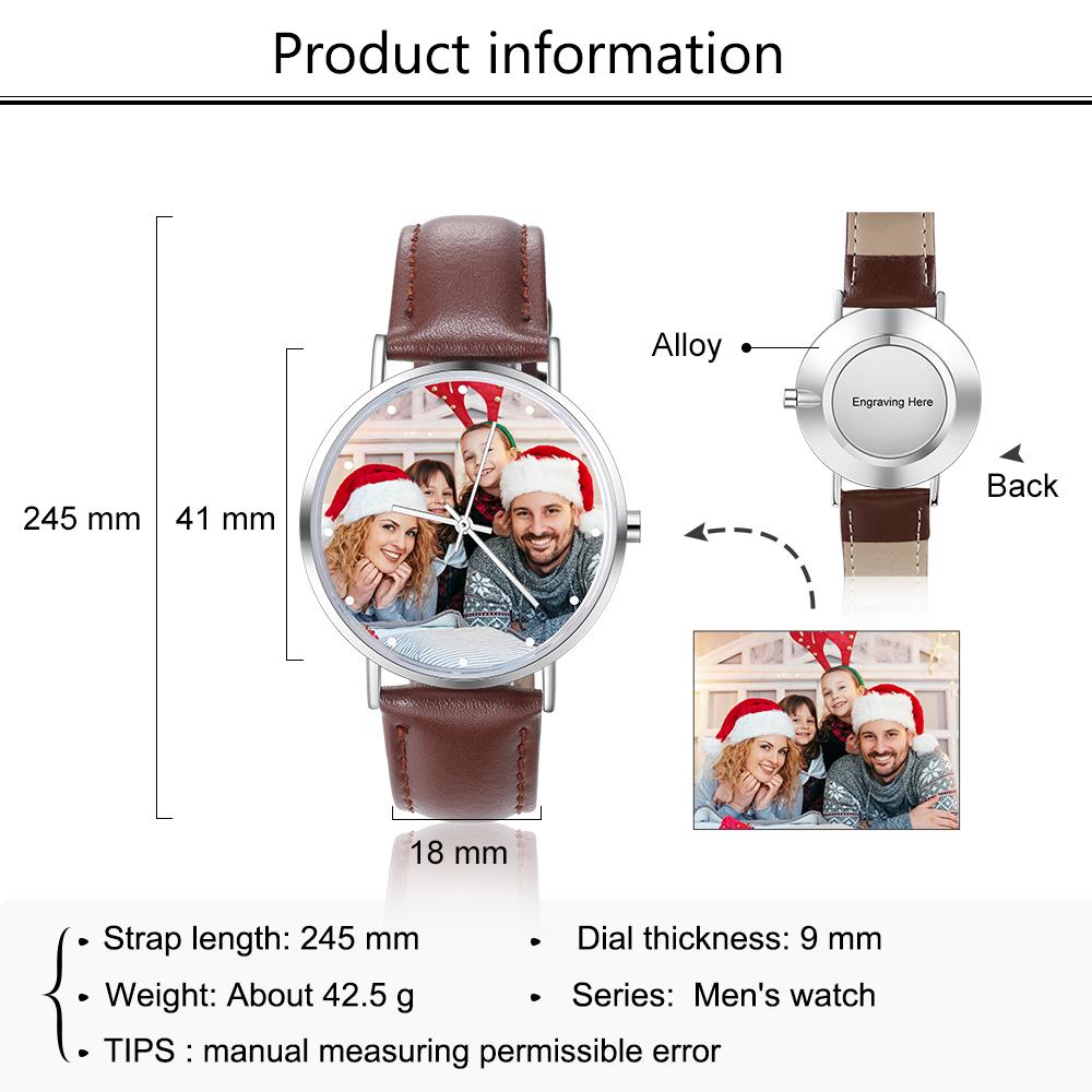 Montre Personnalisée Photo avec Gravure du prénom ou Message Bracelet en Cuir pour Homme