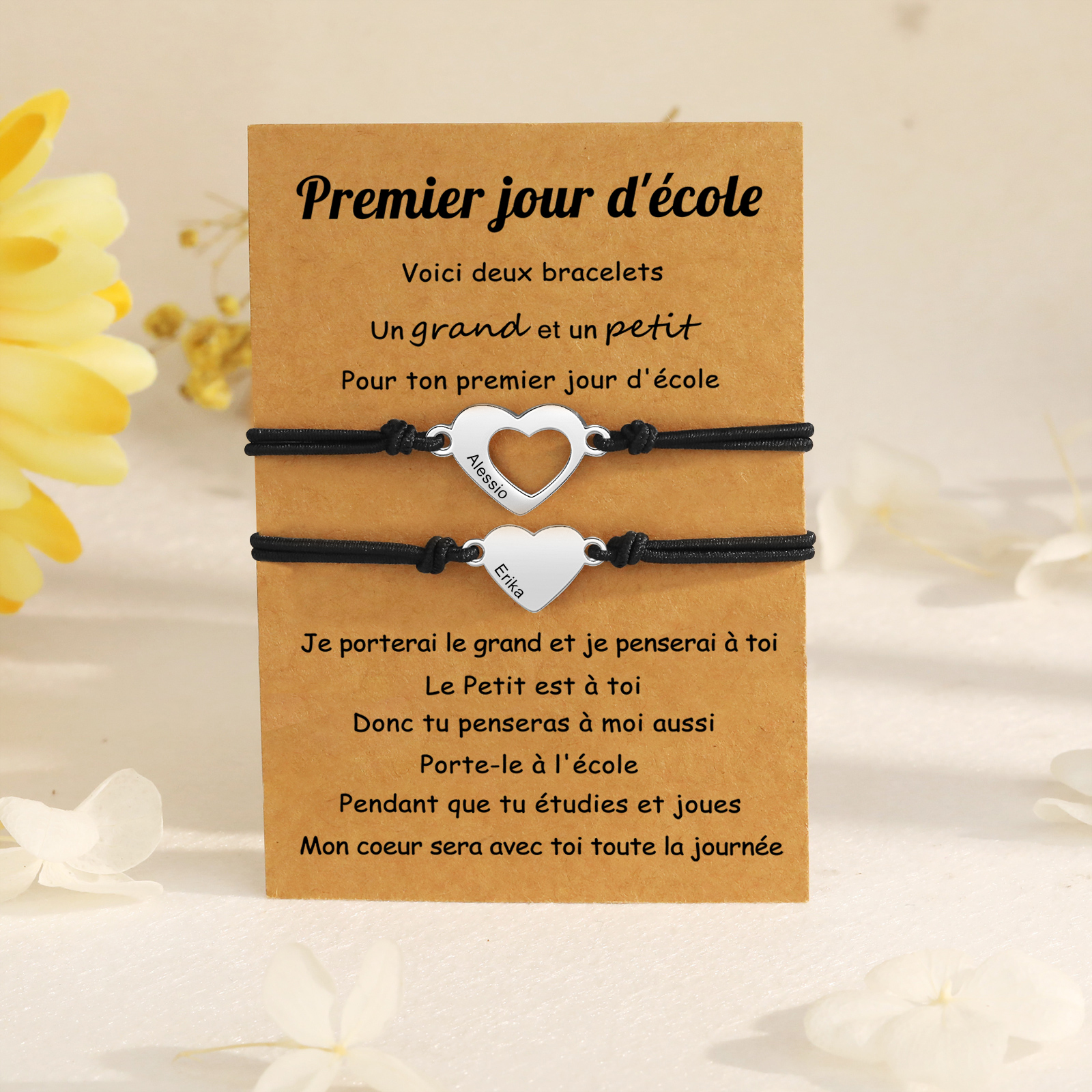 2PCS Bracelet en Commun Cœur 2 Prénoms Personnalisés Corde élastiques - Cadeau Rentrée Scolaire Premier jour d’école｜Jessemade