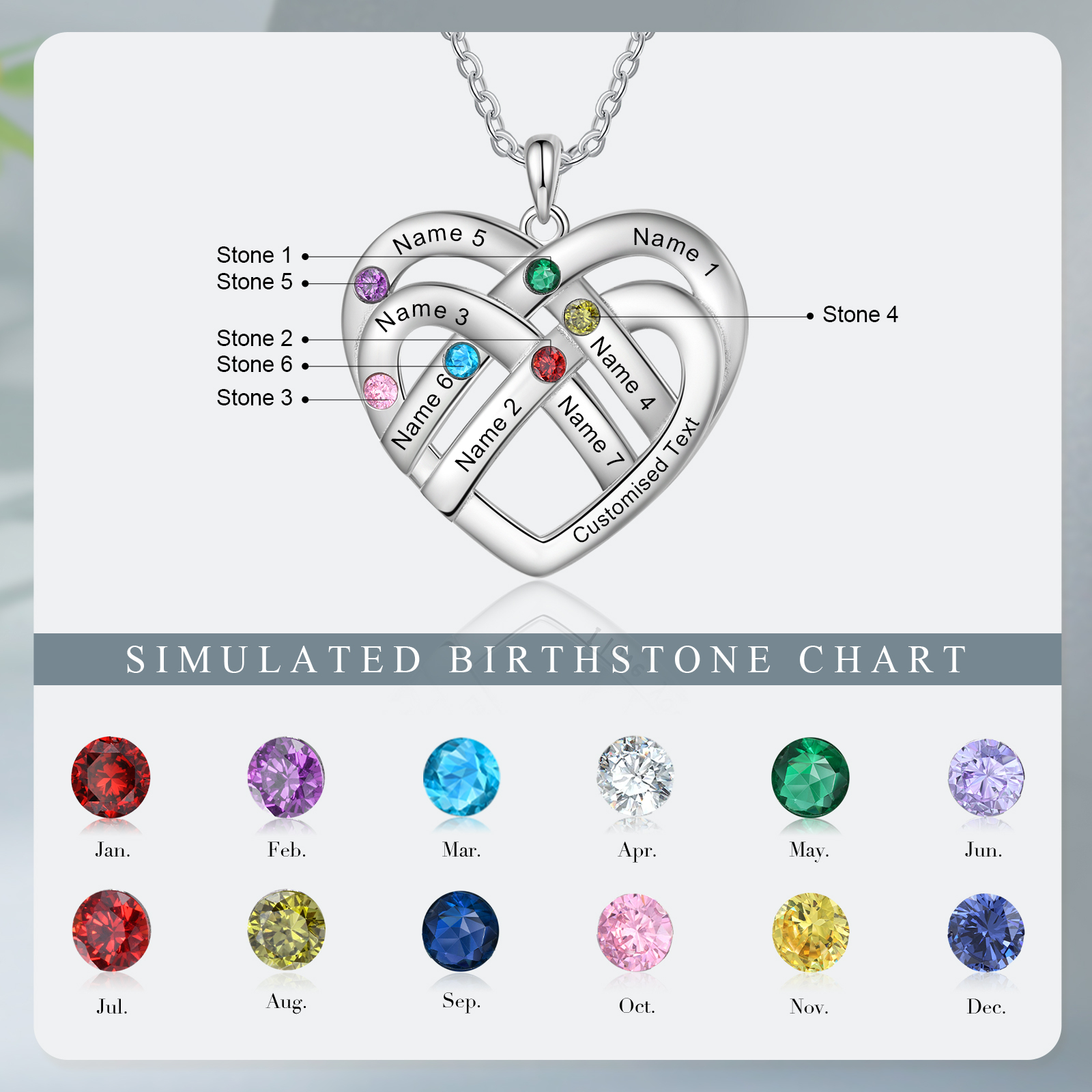 Collier Pendentif Cœur 7 Prénoms et 1 Texte Personnalisés avec 6 Pierres de Naissance Collier Femmes