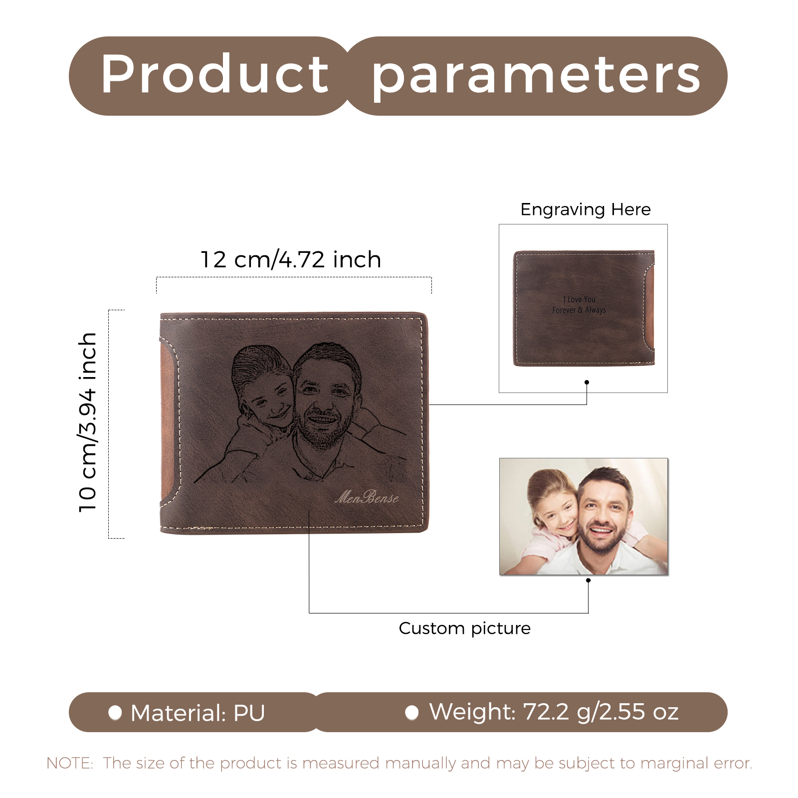 Coffret Cadeau 3PCS - Portefeuille classique Porte-Clés et Stylo 1 Prénom et Lettre Personnalisés avec 1 Photo et Texte Coffret Cadeau pour Homme