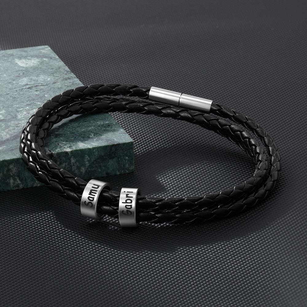 Bracelet Cuir tressé Prénom Personnalisé Bracelet Homme Avec 2 Perles