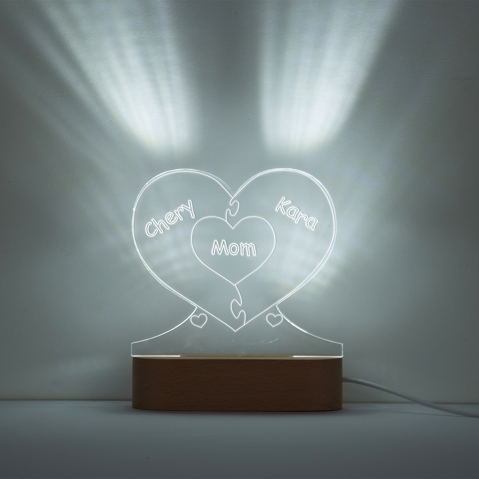 Lampe de chevet Cœur LED Lumières 2 Prénoms et 1 Texte Personnalisés pour Famille