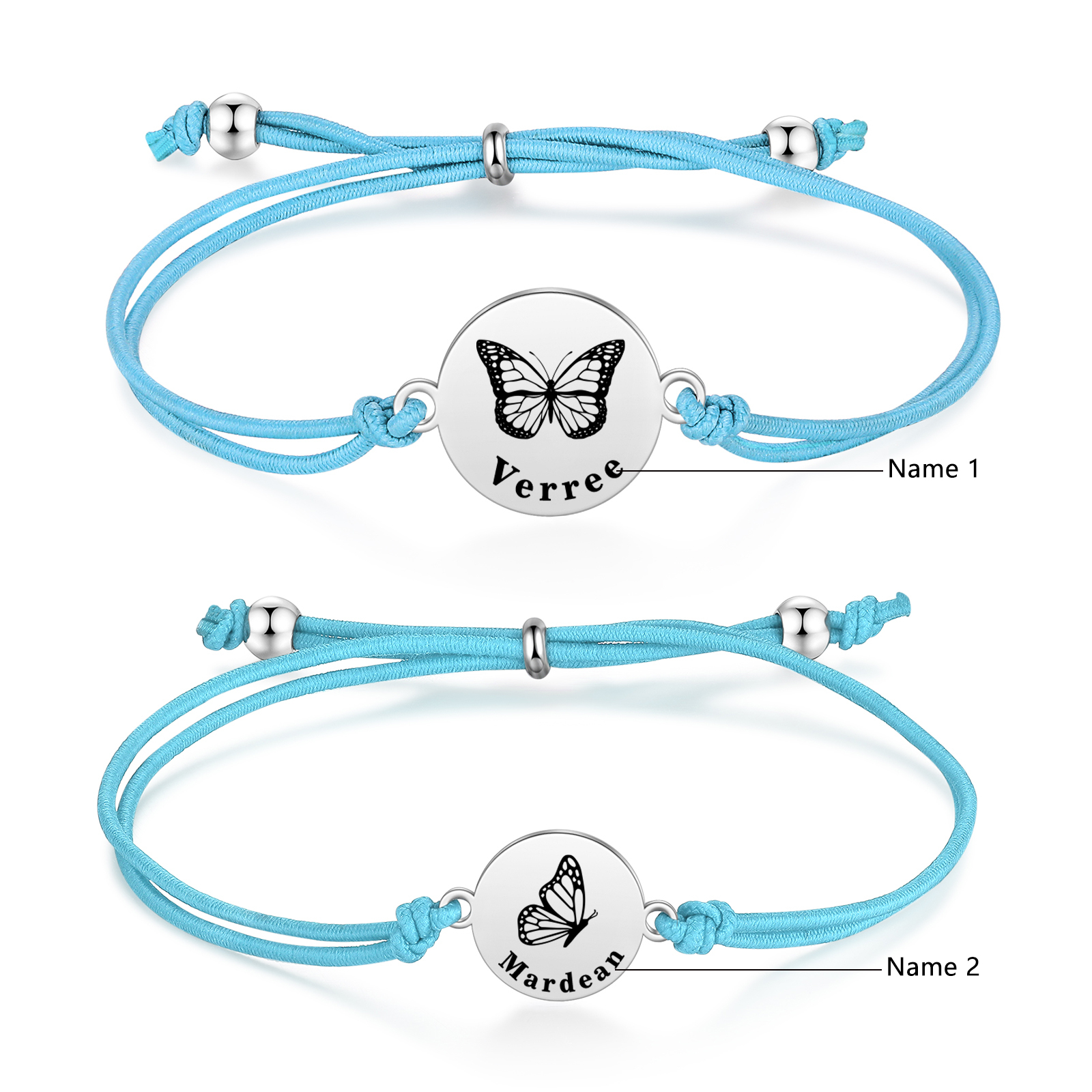 Jessemade FR 2PCS Ensemble de Bracelets Papillons 2 Prénoms Personnalisés Corde élastiques - Cadeau Rentrée Scolaire Premier jour d’école