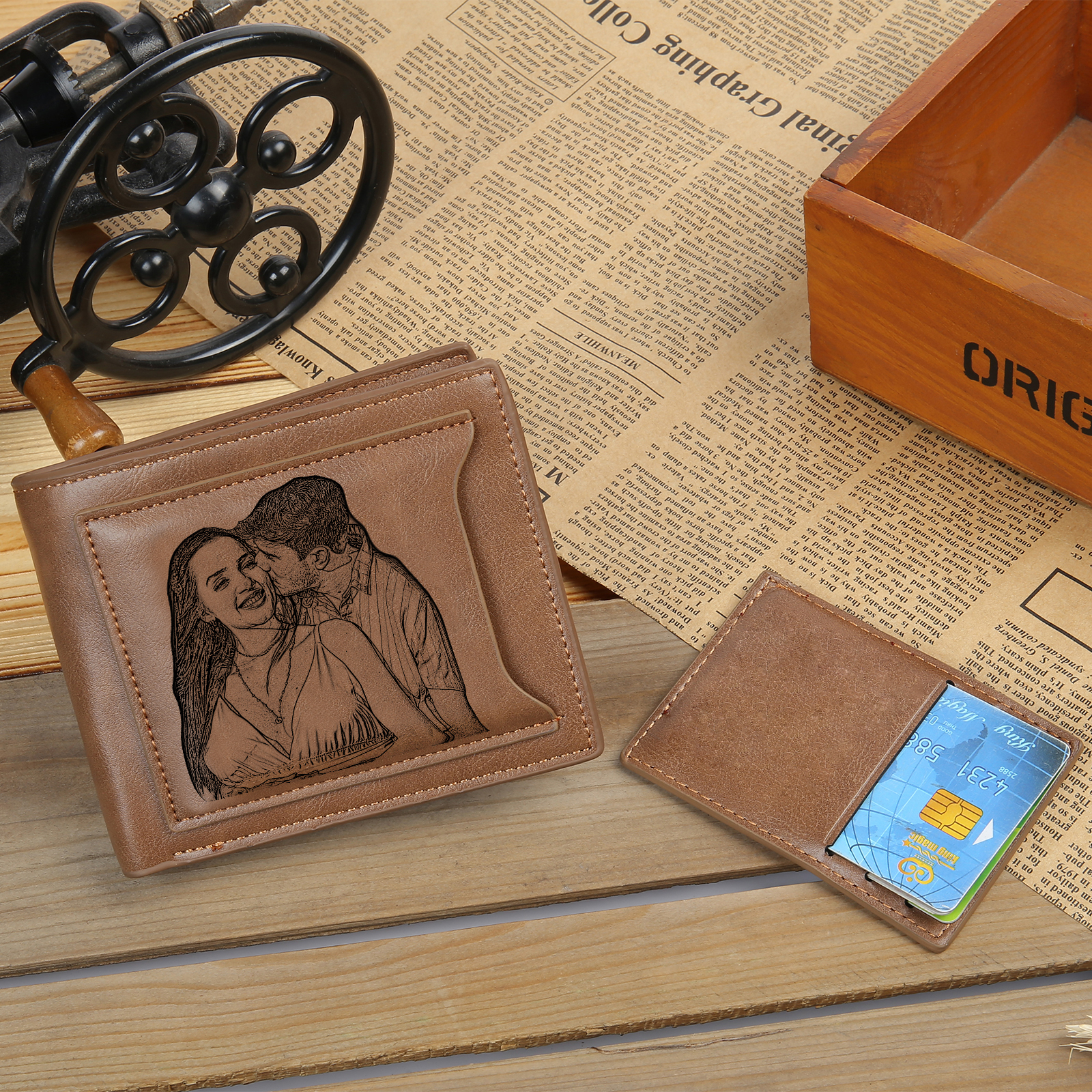 Portefeuille 1 Prénom Personnalisé avec Lettre et Photo et Texte Classique Homme Porte-Monnaie Carte