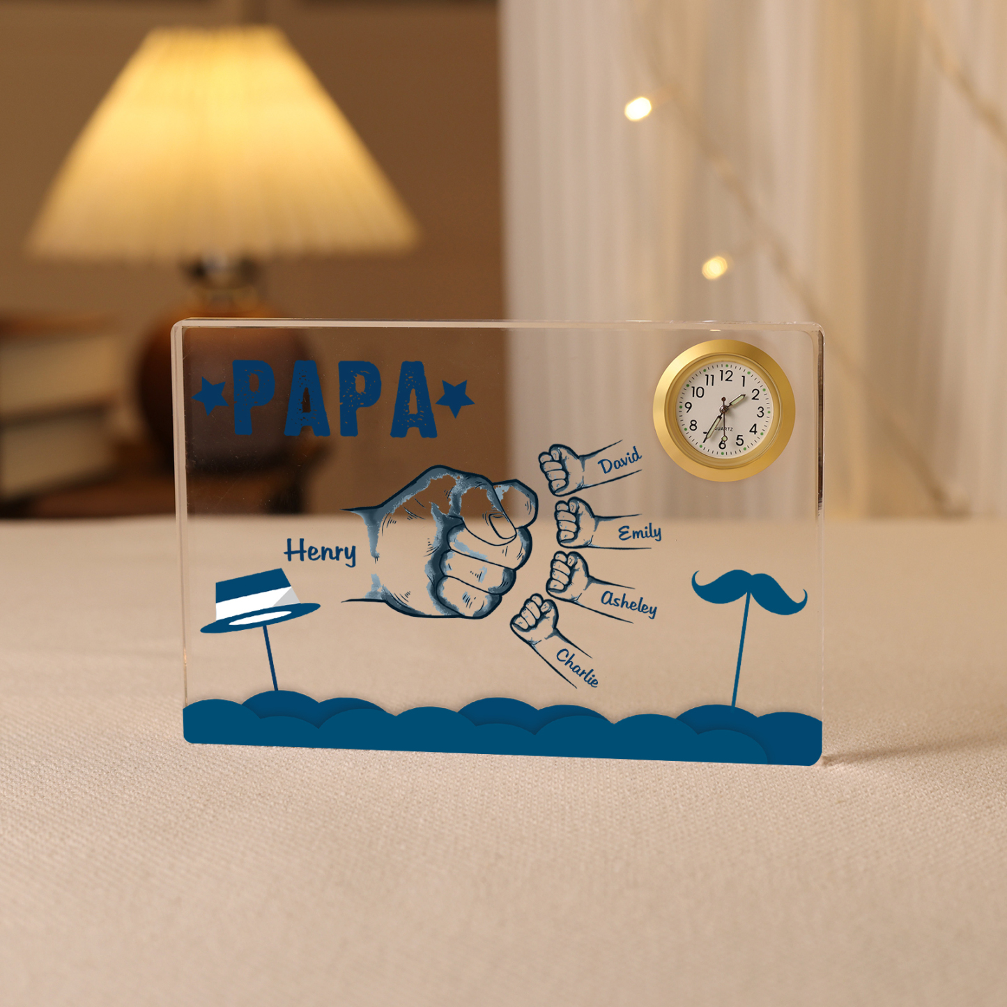 À Papa/Papi - Plaque Acrylique Poings Rectangle avec Horloge 5 Prénoms et 1 Texte Personnalisés