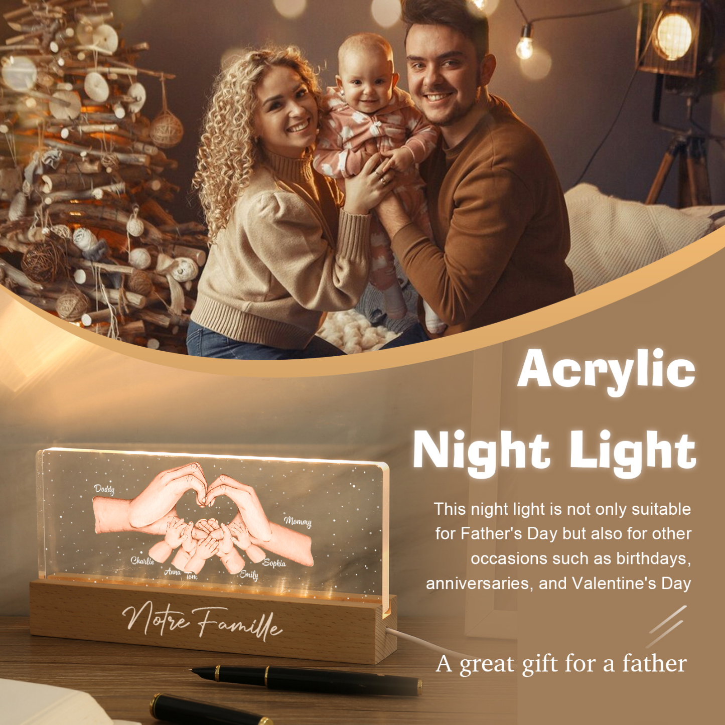 À ma Famille- Lampe de chevet LED la Main dans la Main 7 Prénoms Personnalisés avec Texte