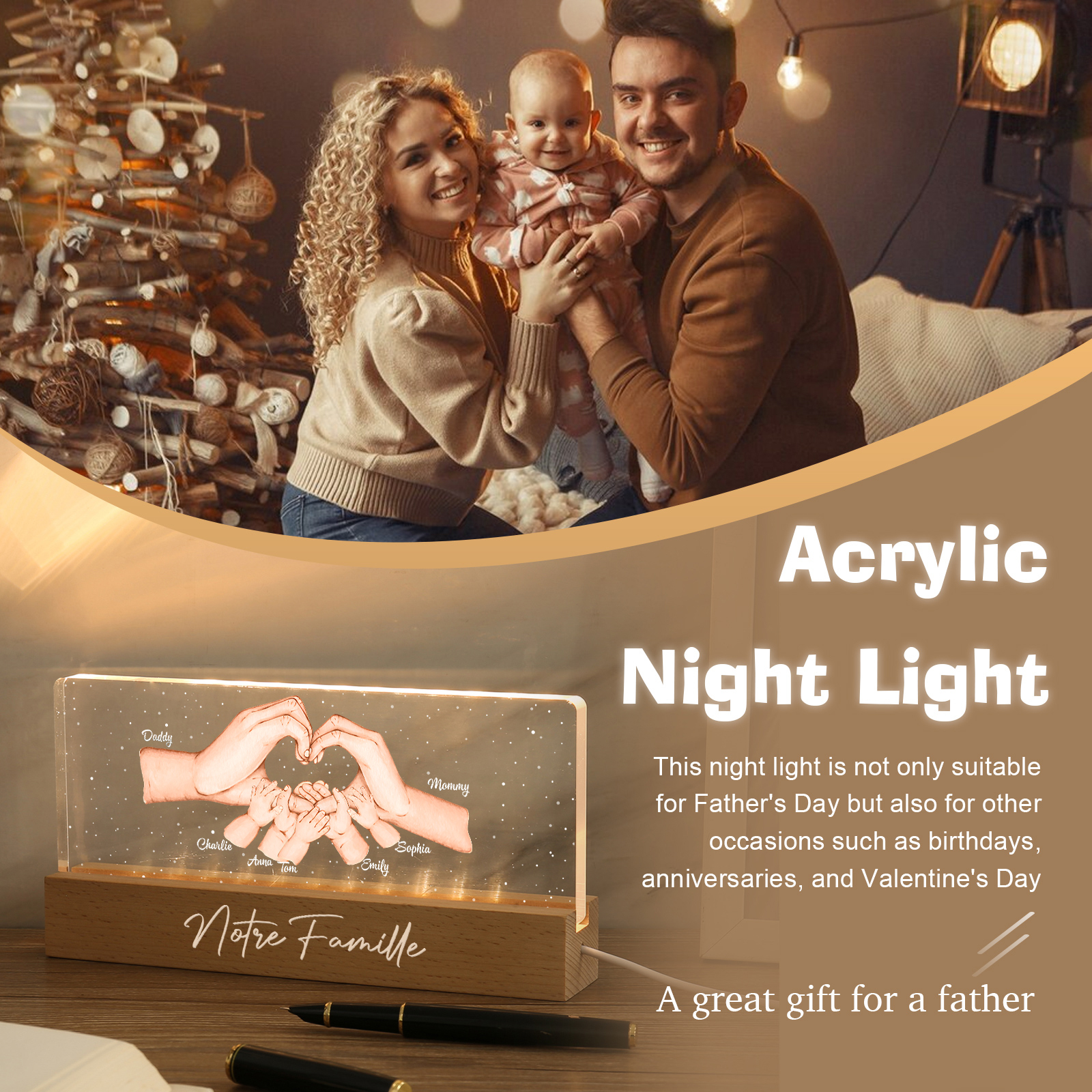 À ma Famille- Lampe de chevet LED la Main dans la Main 7 Prénoms Personnalisés avec Texte