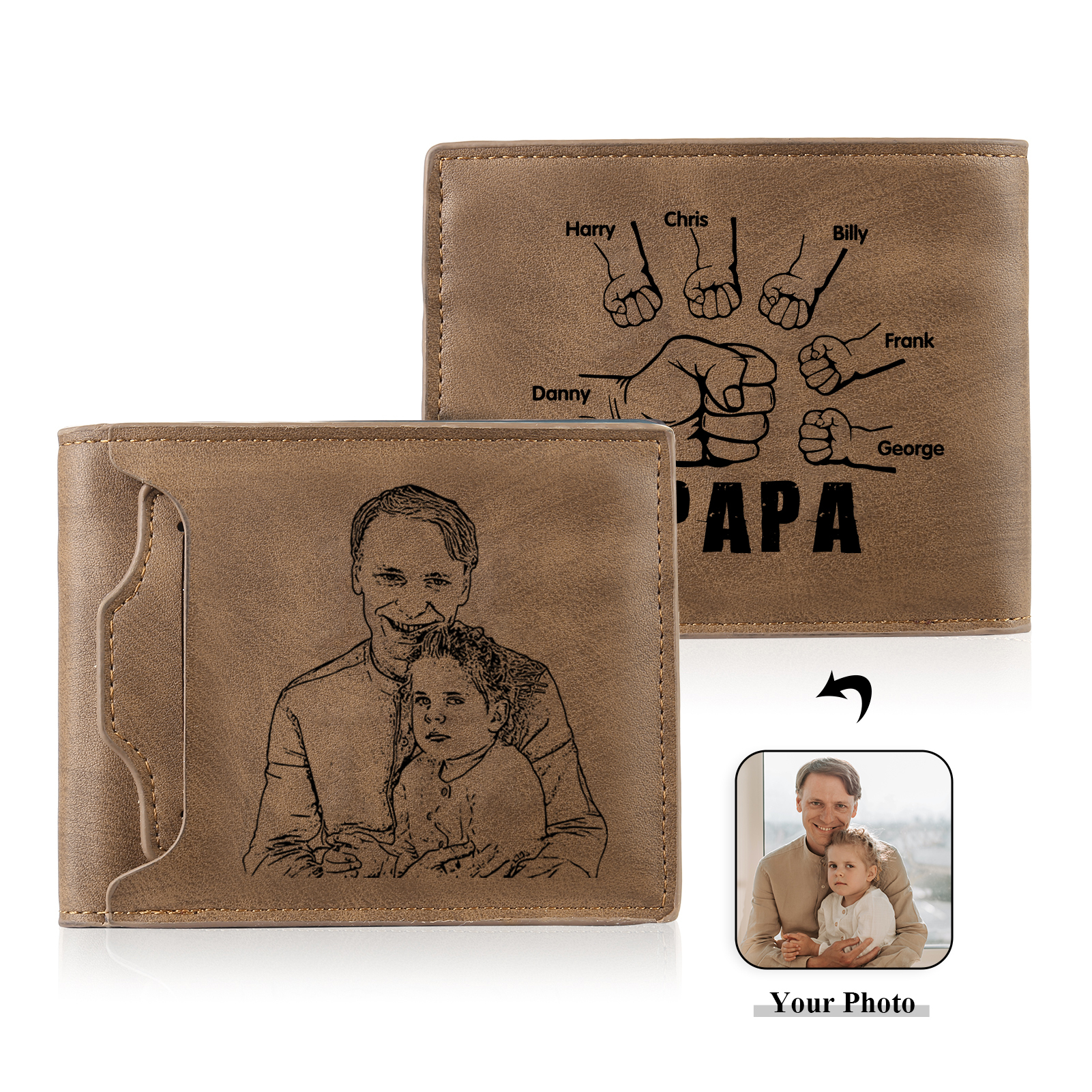 À mon Papa - Portefeuille Poings 6 Prénoms Personnalisés avec Photo Classique Homme Porte-Monnaie Carte