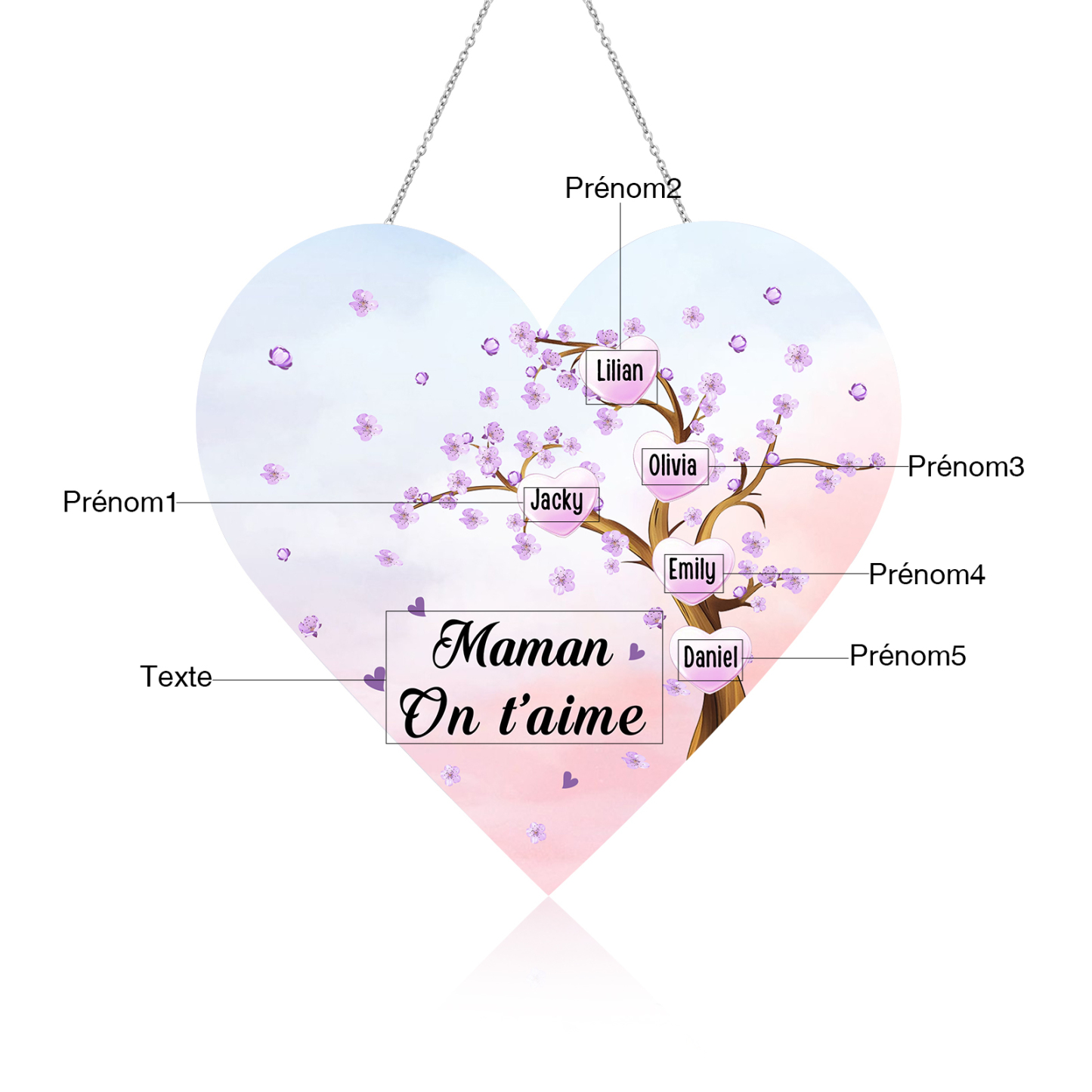 À Maman/Mamie - Veilleuse Cœur Décoration Arbre 5 Prénoms Personnalisés avec 1 Texte