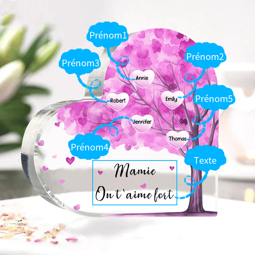 À ma Maman/Mamie - Plaque Acrylique Arbre en Forme de Cœur 5 Prénoms Personnalisés avec 1 Texte