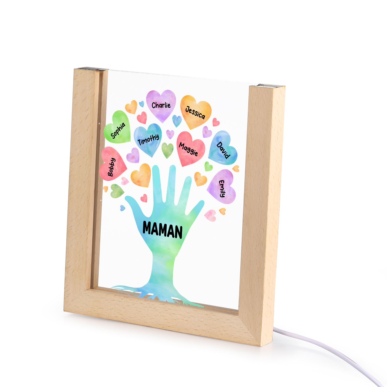 À Maman/Mamie - Lampe de chevet LED Main et Cœur 8 Prénoms Personnalisés avec 1 Texte