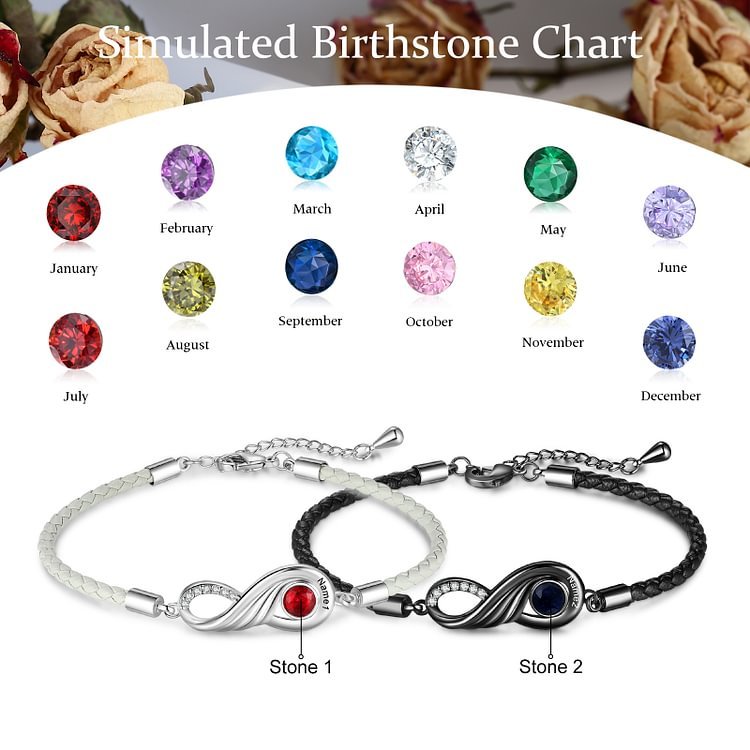 2PCS Bracelet Infini 2 Prénoms Personnalisés avec Pierre de naissance pour Couple Cadeau Saint-Valentin