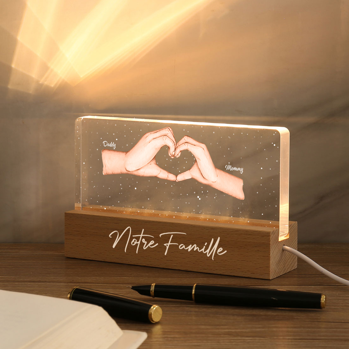 À ma Famille- Lampe de chevet LED la Main dans la Main 2 Prénoms Personnalisés avec Texte