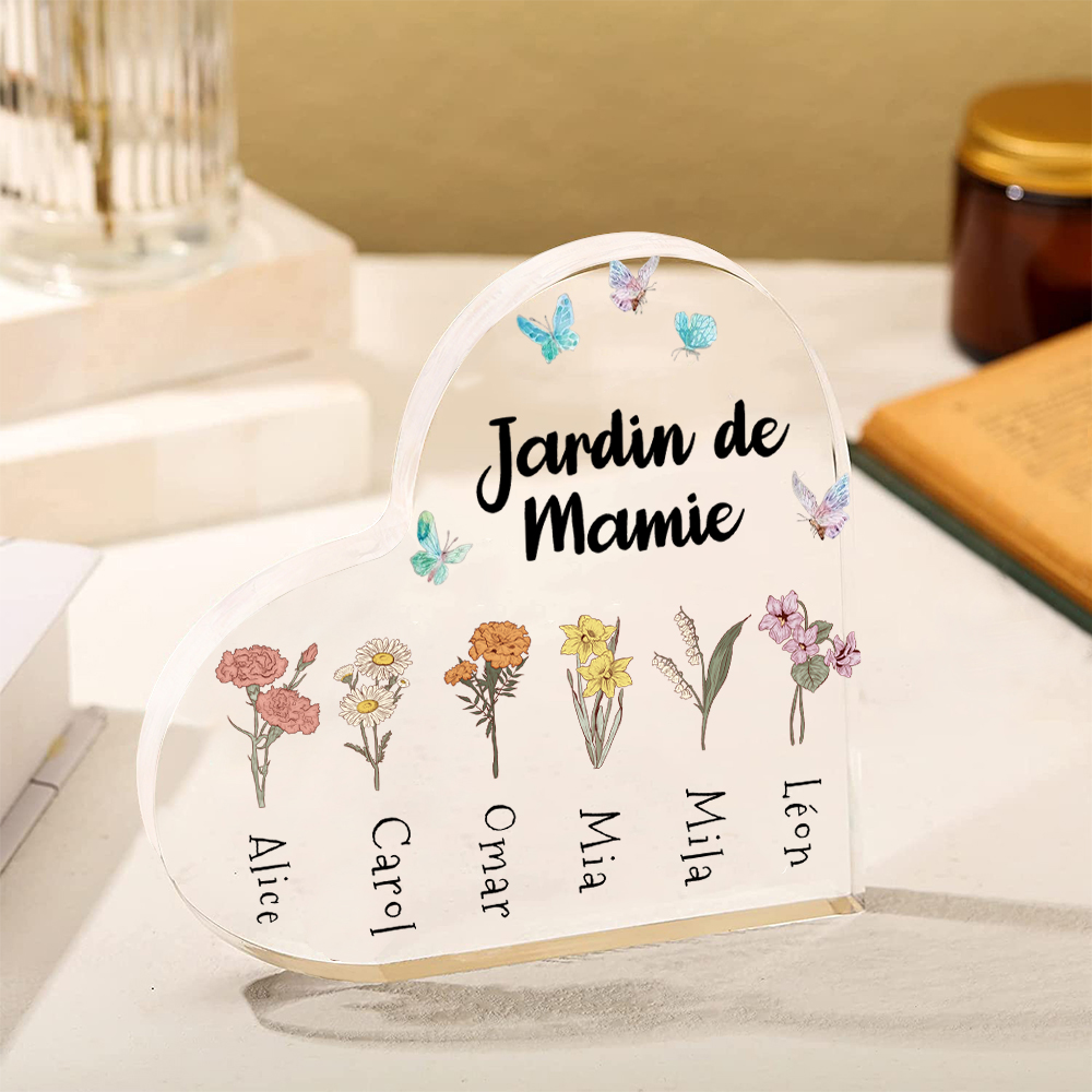 Plaque Acrylique en Forme de Cœur 1-6 Prénoms Personnalisés Jardin de Mamie
