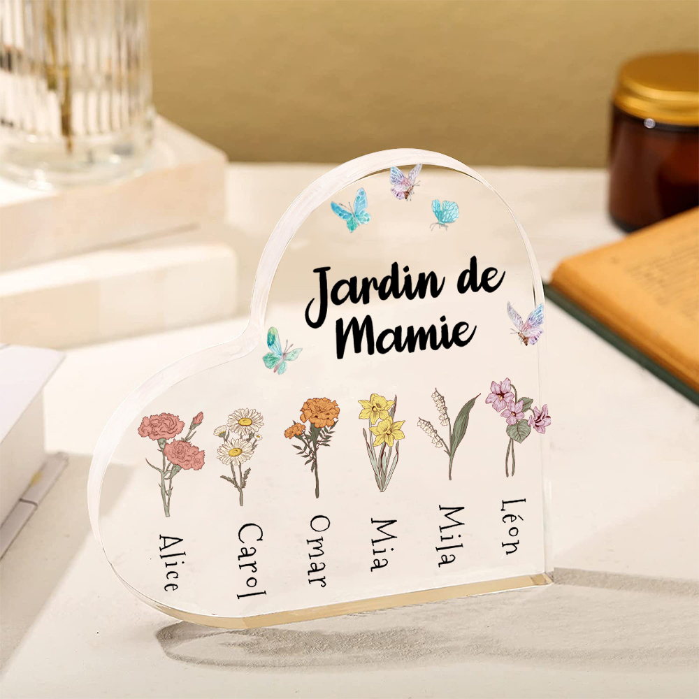 Plaque Acrylique en Forme de Cœur 1-6 Prénoms Personnalisés Jardin de Mamie