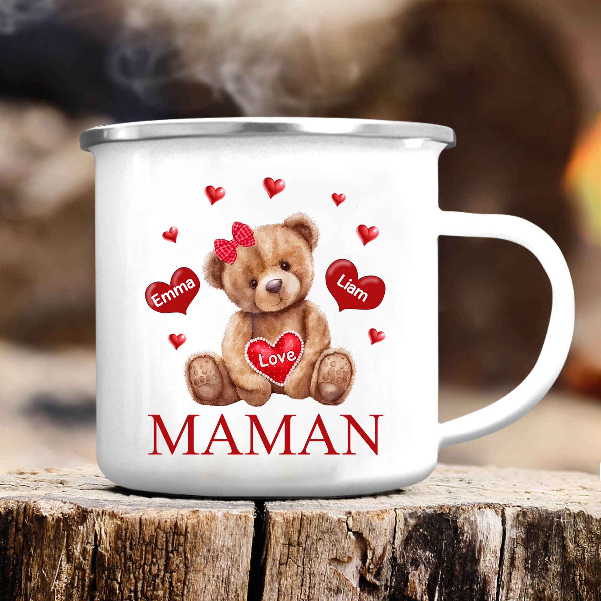 À Maman/Mamie - Tasse émaillée Ours 2 Prénoms Personnalisés