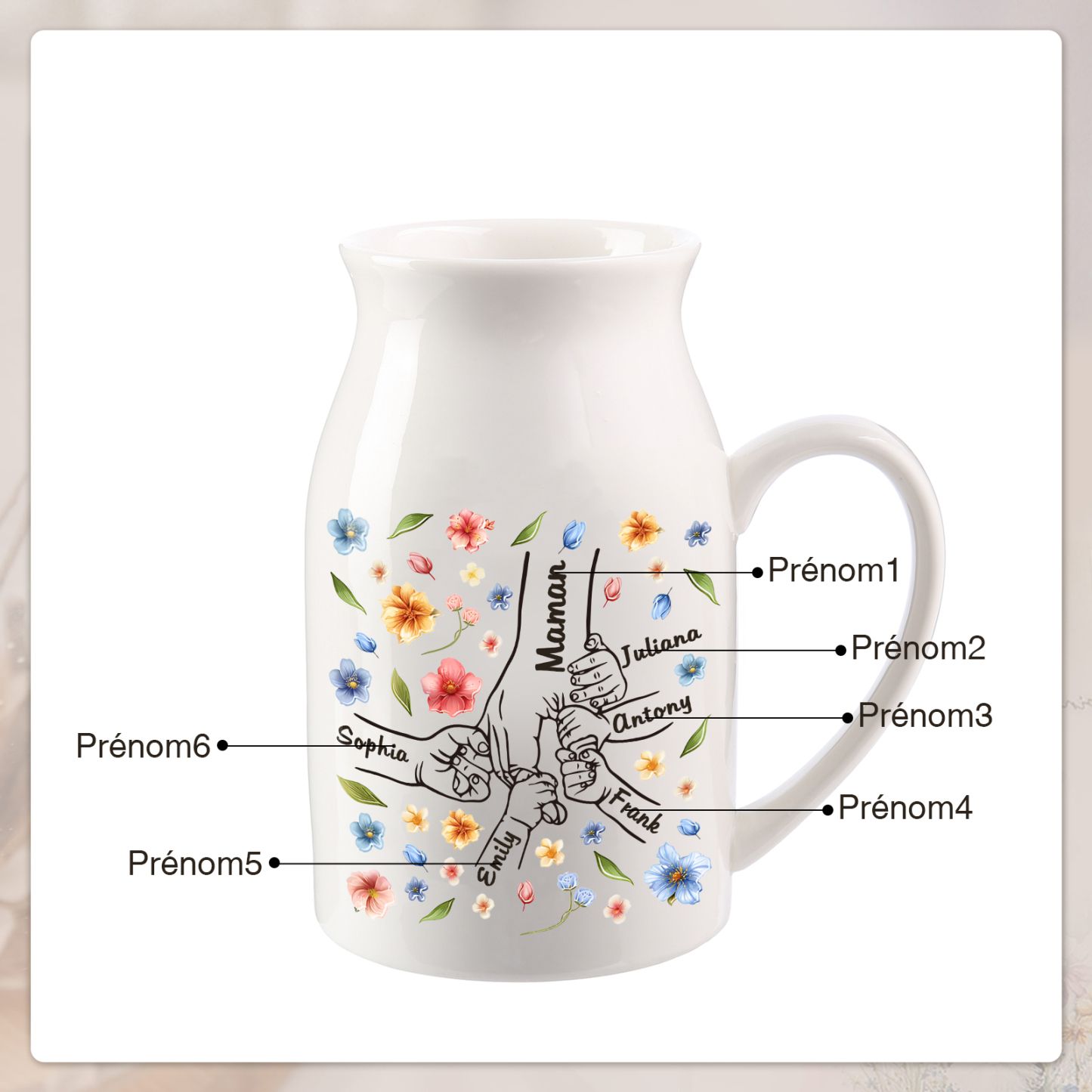 Vase à Fleurs la main dans la main 6 Prénoms Personnalisés Décoration de la Maison