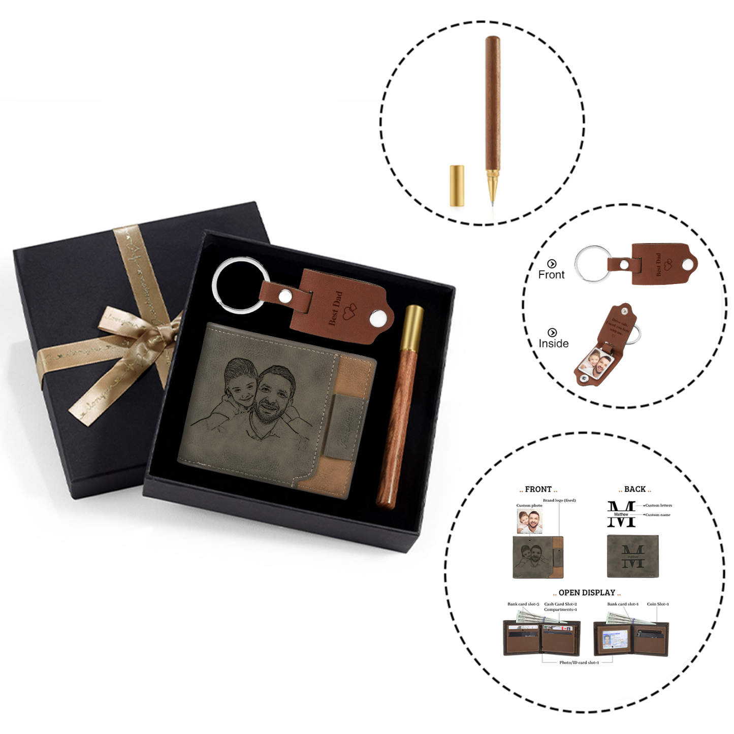 Coffret Cadeau 3PCS - Portefeuille classique Porte-Clés et Stylo 1 Prénom et Lettre Personnalisés avec 2 Photos et Textes pour Homme