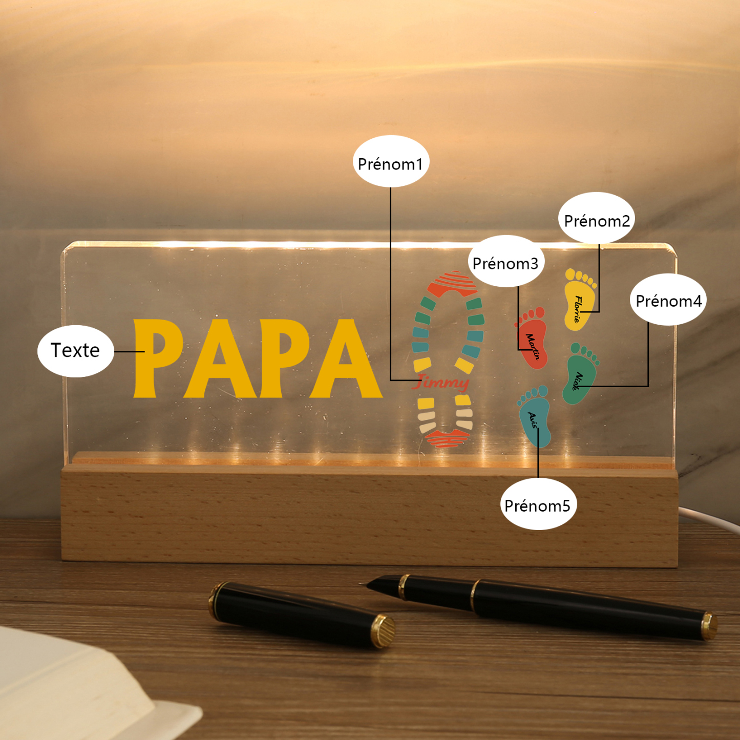 À mon Papa/Papi- Lampe de chevet LED Pieds Bébé 5 Prénoms Personnalisés avec Texte