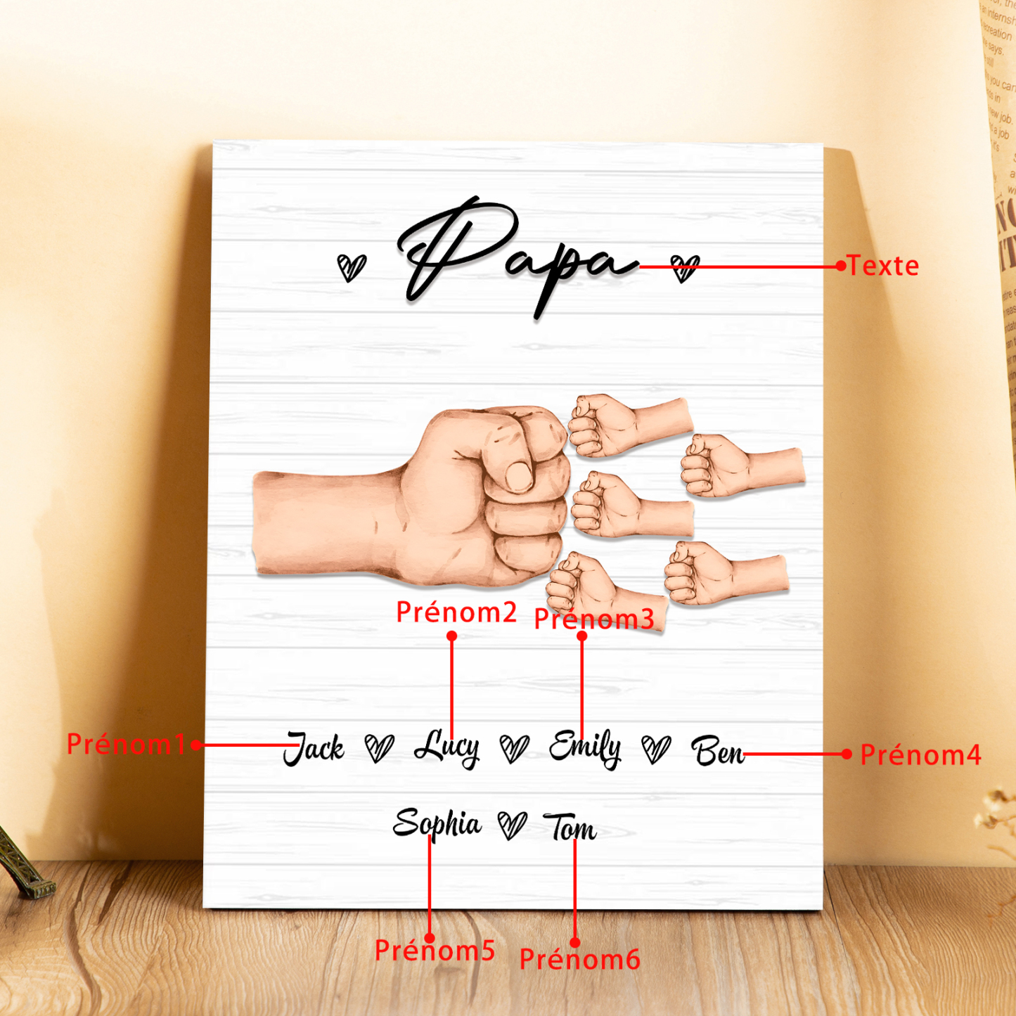 À Mon Papa/Papi-Cadre en Bois Poings 6 Prénoms Personnalisés avec Texte