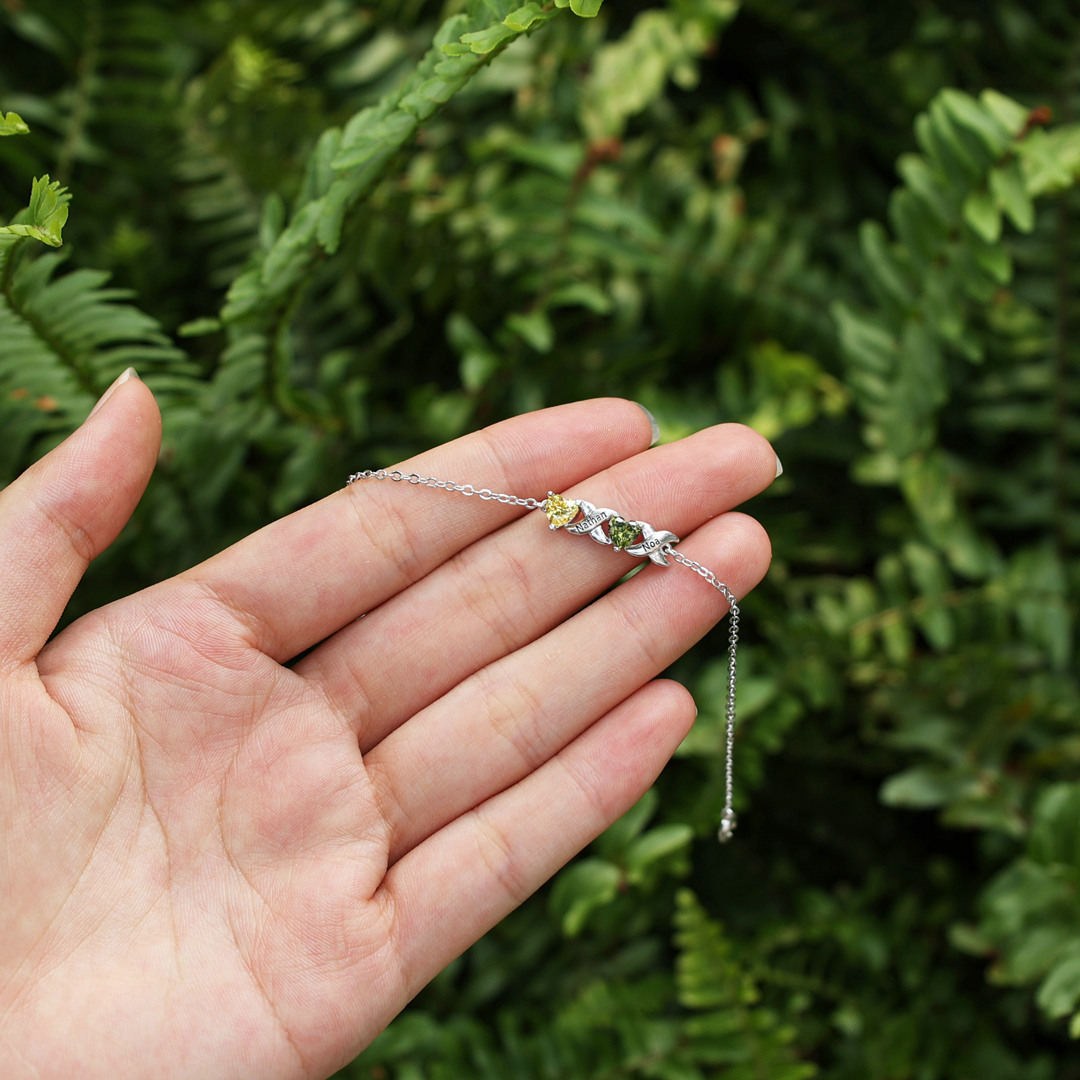 Bracelet à Breloque 2 Prénoms Personnalisé avec 2 Pierres de Naissance