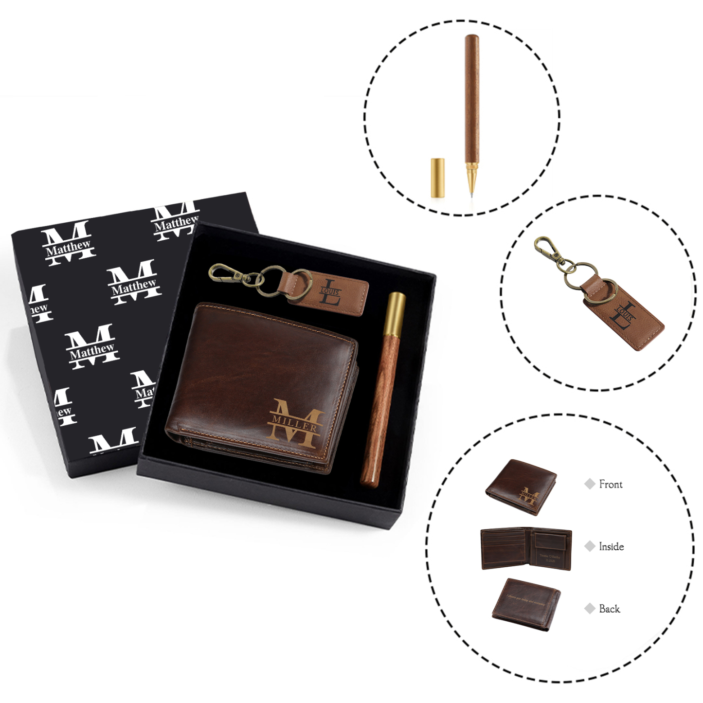 Coffret Cadeau 3PCS - Portefeuille classique Porte-Clés et Stylo 3 Prénoms et 3 Lettres Personnalisés avec 2 Textes Coffret Cadeau pour Homme