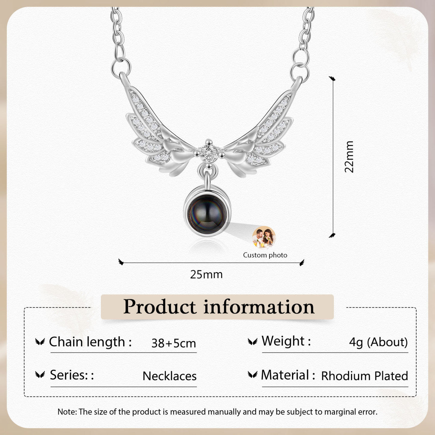 Collier Ailes Projection de Pierres 1 Photo Personnalisée Collier pour Femmes | Jessemade
