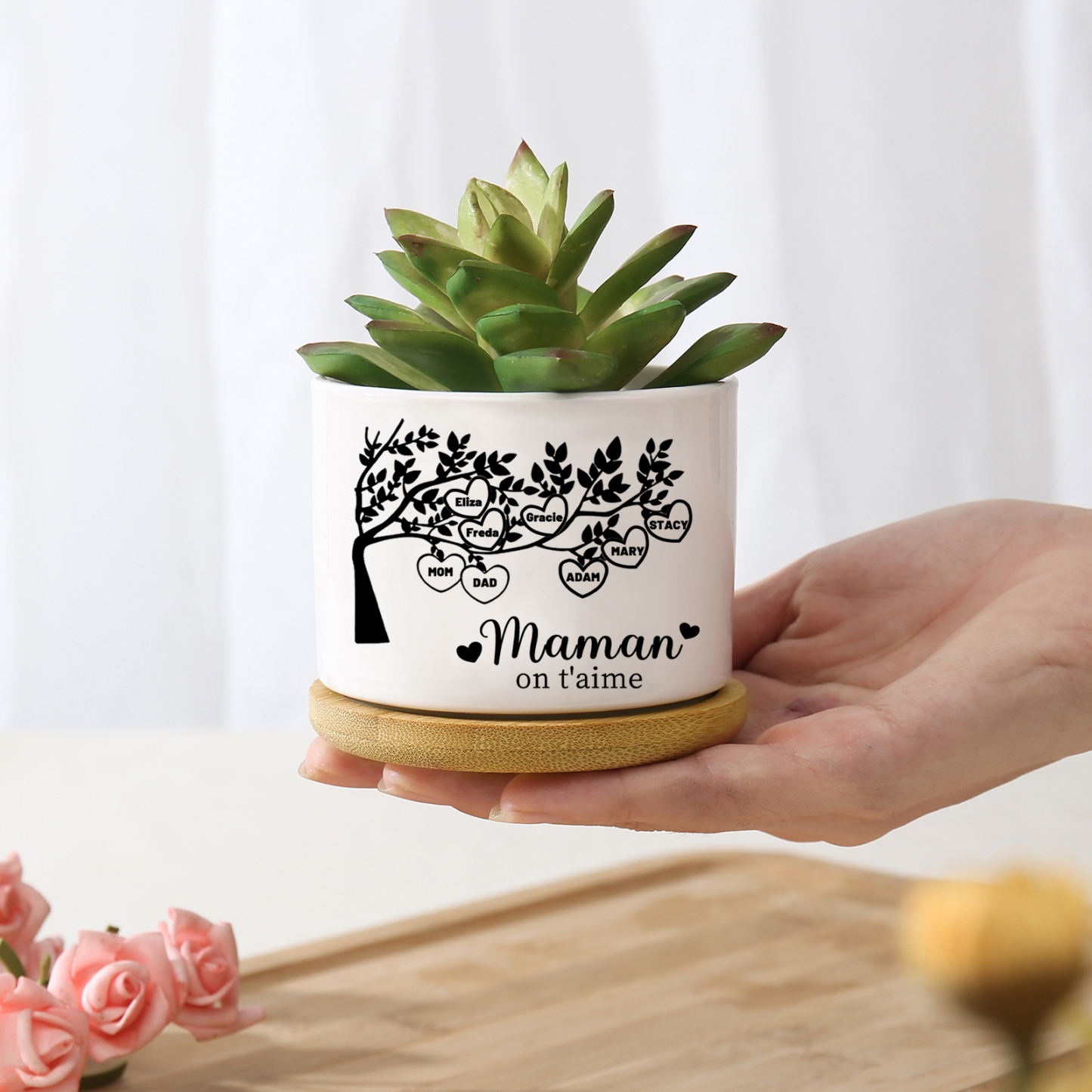 Vase/Pot de Fleurs Arbre de vie 8 Prénoms Personnalisés avec Texte Décoration de la Maison (sans plantes)