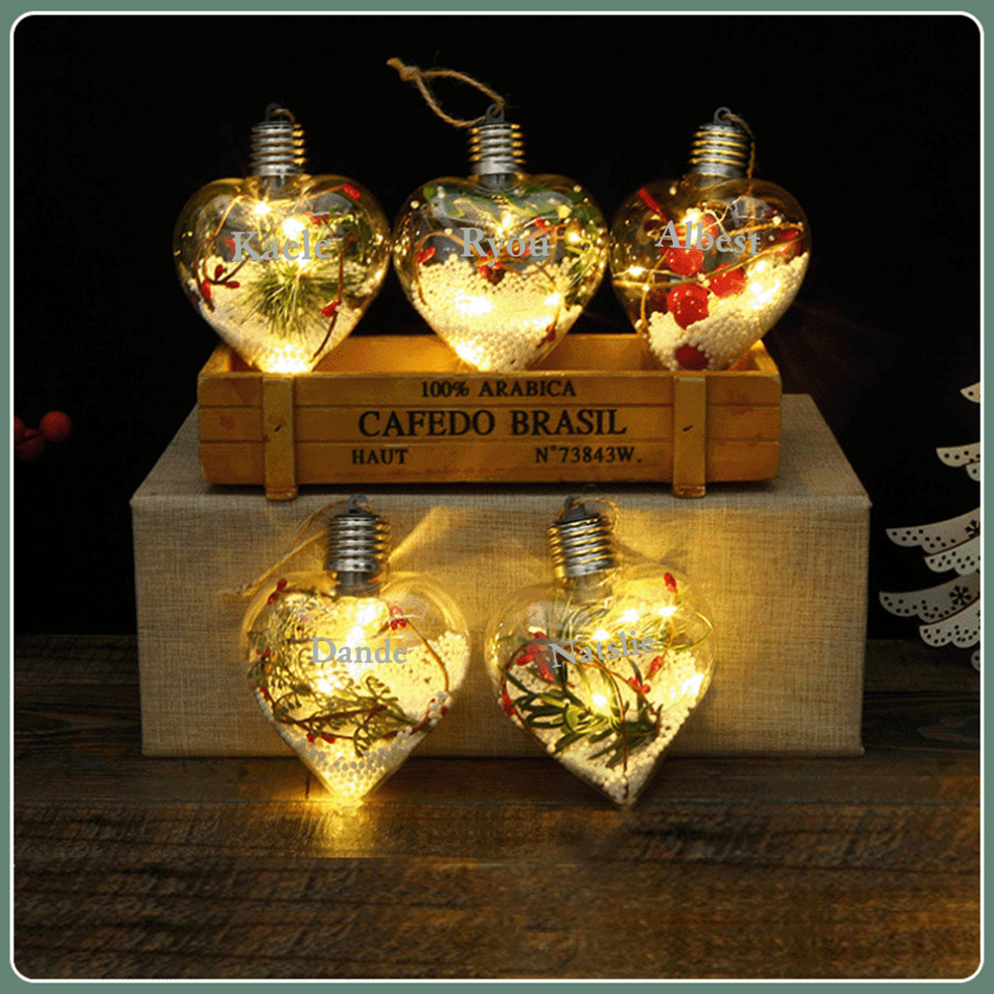 Ornements de Boule transparente Cœur de Noël avec lumières LED texte Personnalisé boule de noël | Jessemade