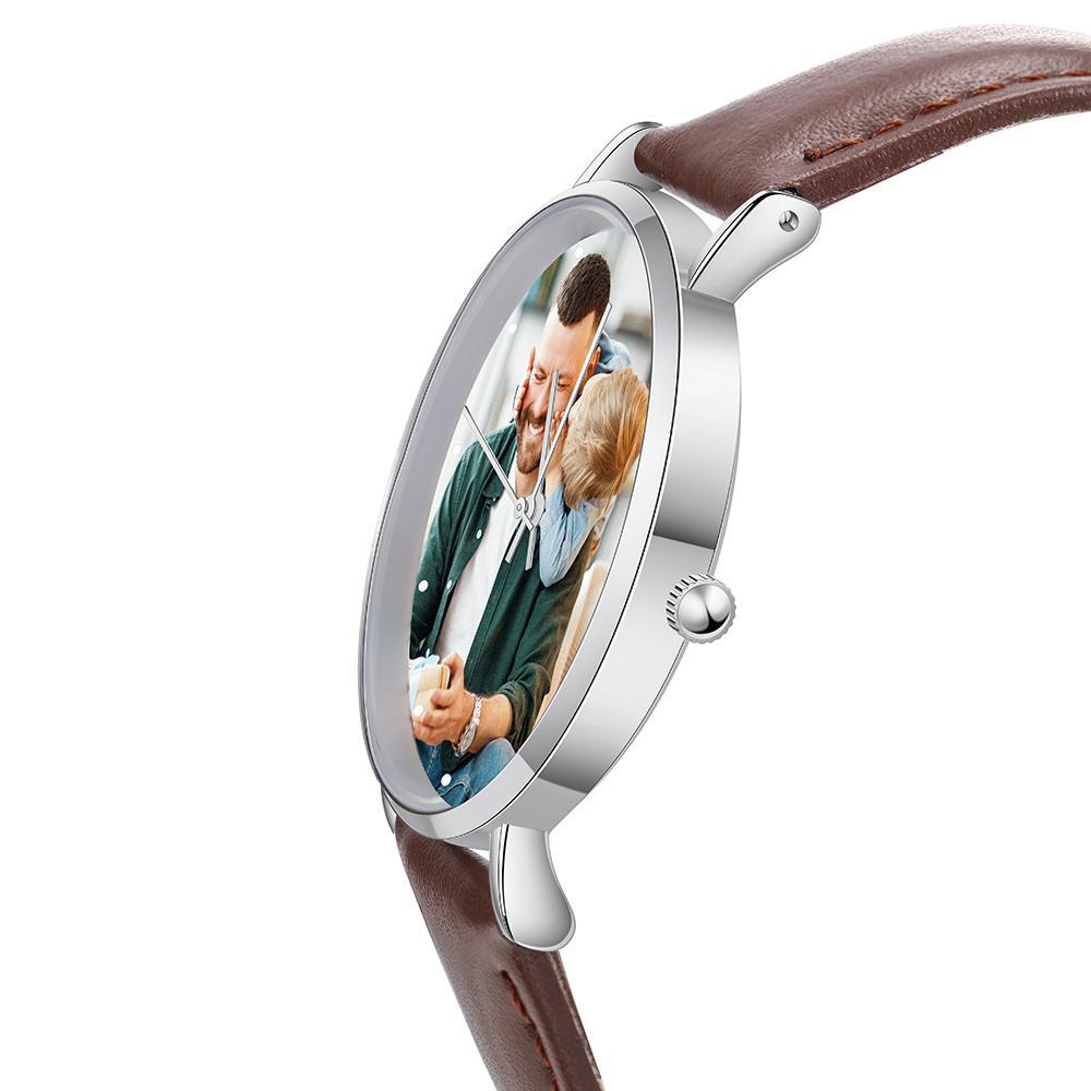 Montre Personnalisée Photo avec Gravure du prénom ou Message Bracelet en Cuir pour Femme