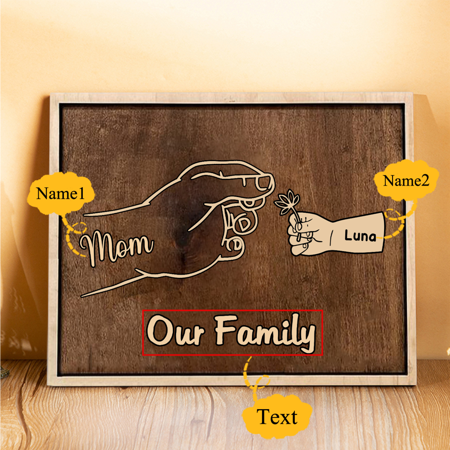 À Maman/Mamie - Cadre en Bois Main et Enfants 2 Prénoms Personnalisés avec Texte Cadeau pour Famille