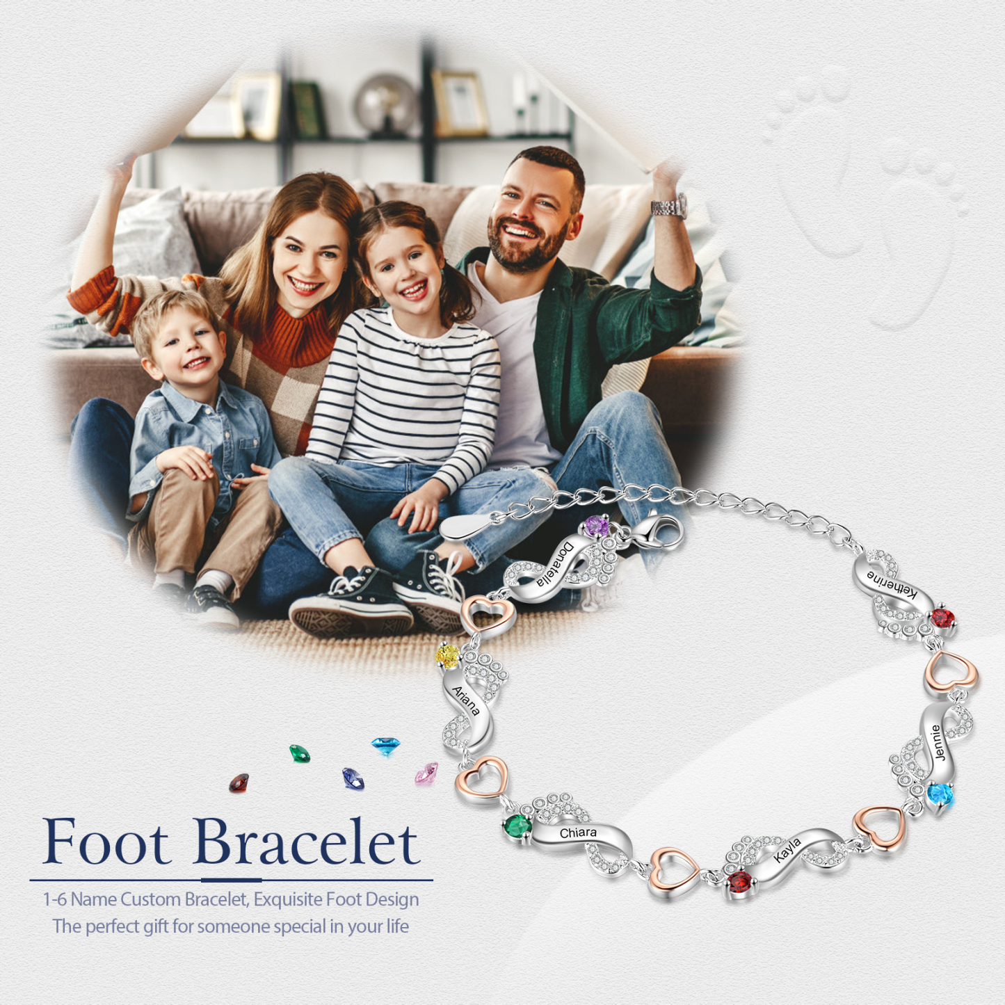 Bracelet Pied bébé et Cœur Personnalisé avec 6 Prénoms et Pierres de naissance Bracelet pour Femme | Jessemade