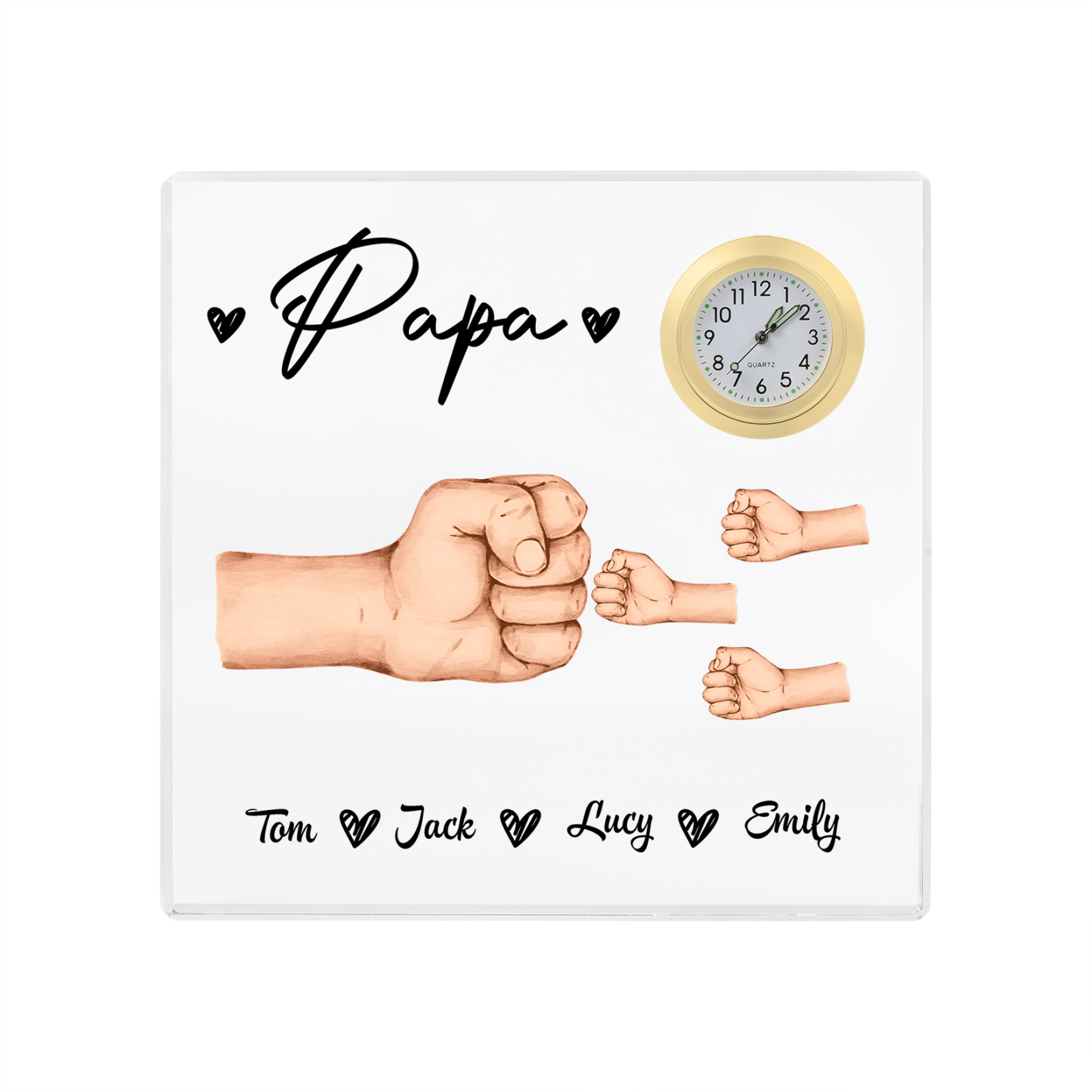 À Papa/Papi - Plaque Acrylique Poings Carré avec Horloge 4 Prénoms et 1 Texte Personnalisés