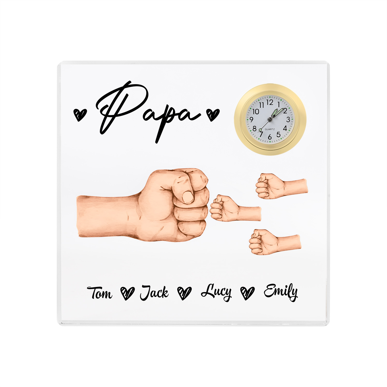 À Papa/Papi - Plaque Acrylique Poings Carré avec Horloge 4 Prénoms et 1 Texte Personnalisés
