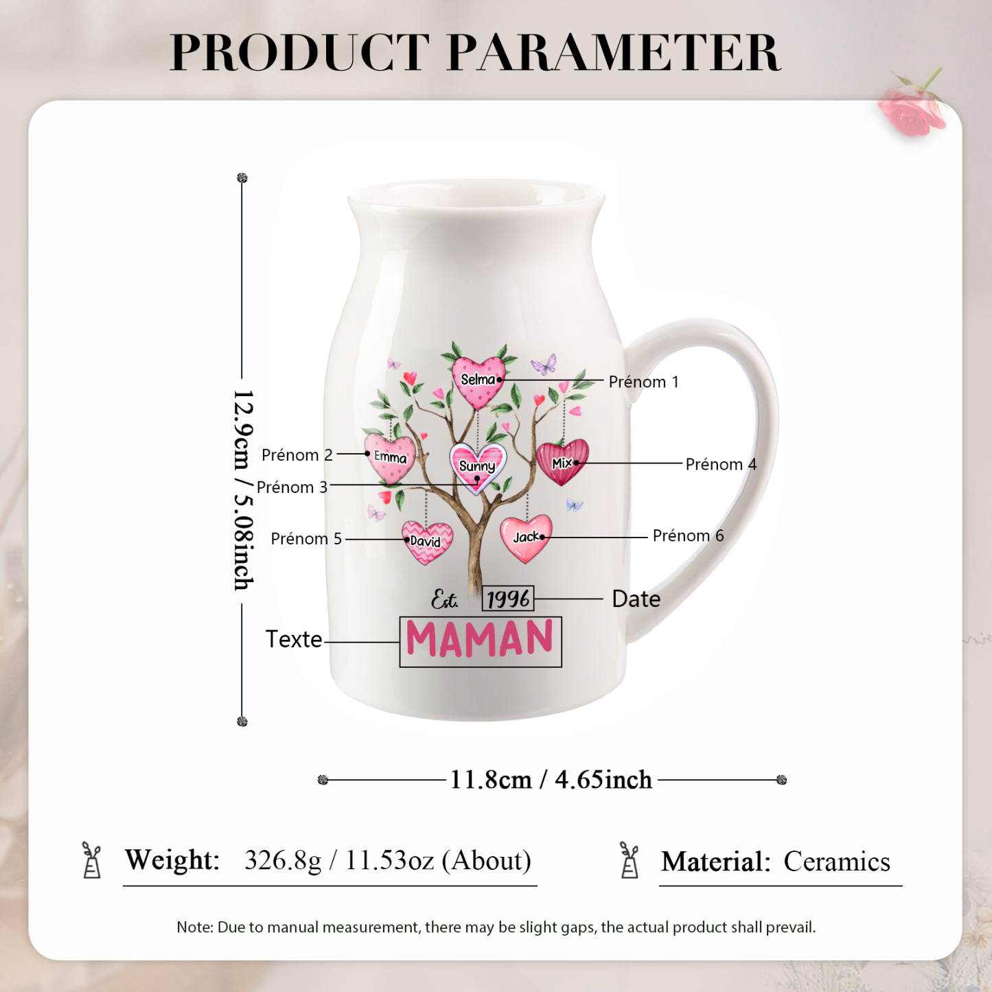 Vase à Fleurs Arbre 6 Prénoms Personnalisés avec Texte et Année Décoration de la Maison