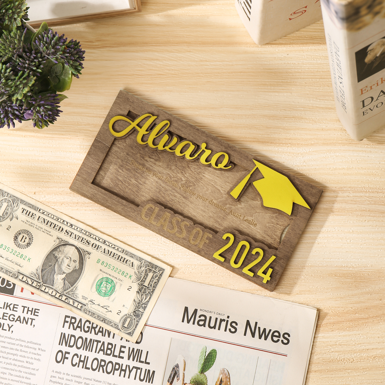 Porte-Cartes Diplômé en bois Prénom et Texte Personnalisés Cadeau de Graduation