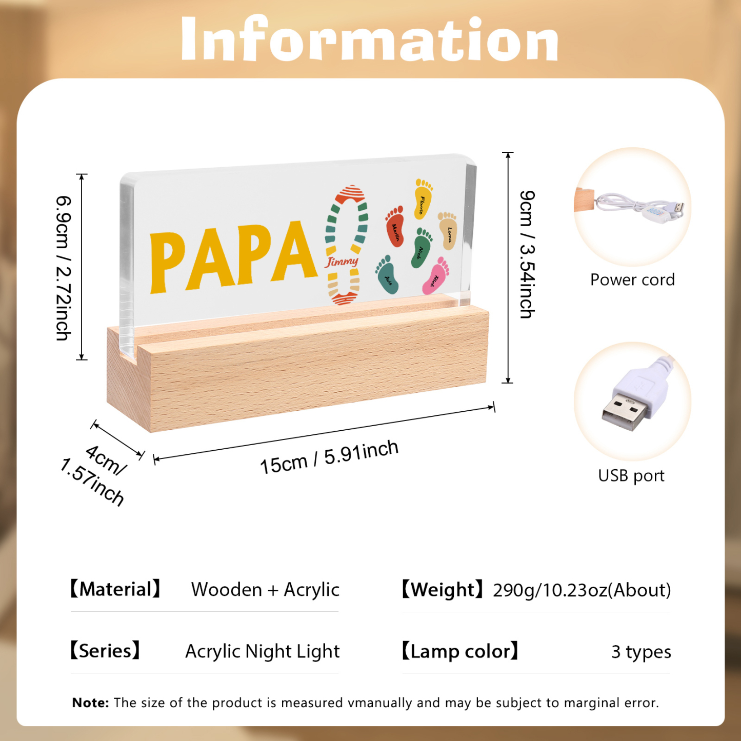 À mon Papa/Papi- Lampe de chevet LED Pieds Bébé 7 Prénoms Personnalisés avec Texte