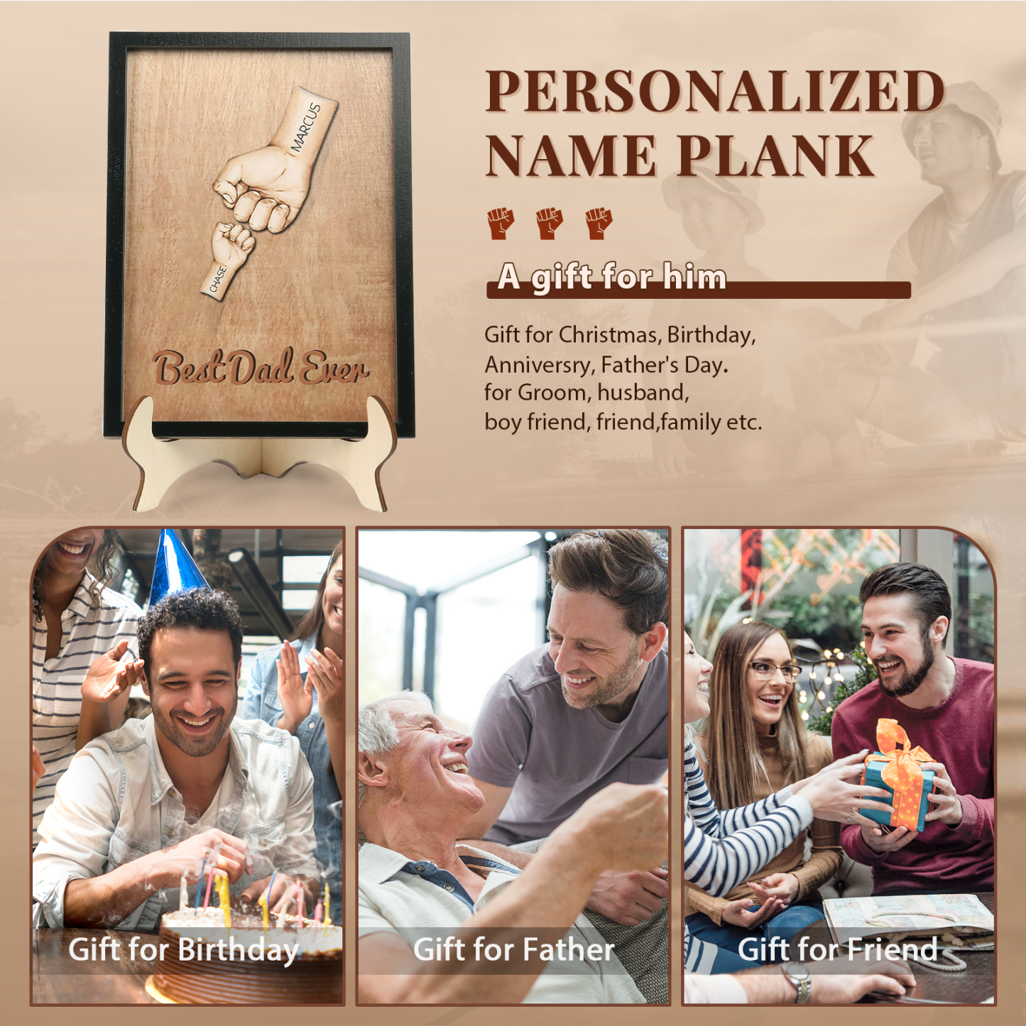 Décoration en bois Poings 2 Prénoms et 1 Texte Personnalisés Ornement Famille