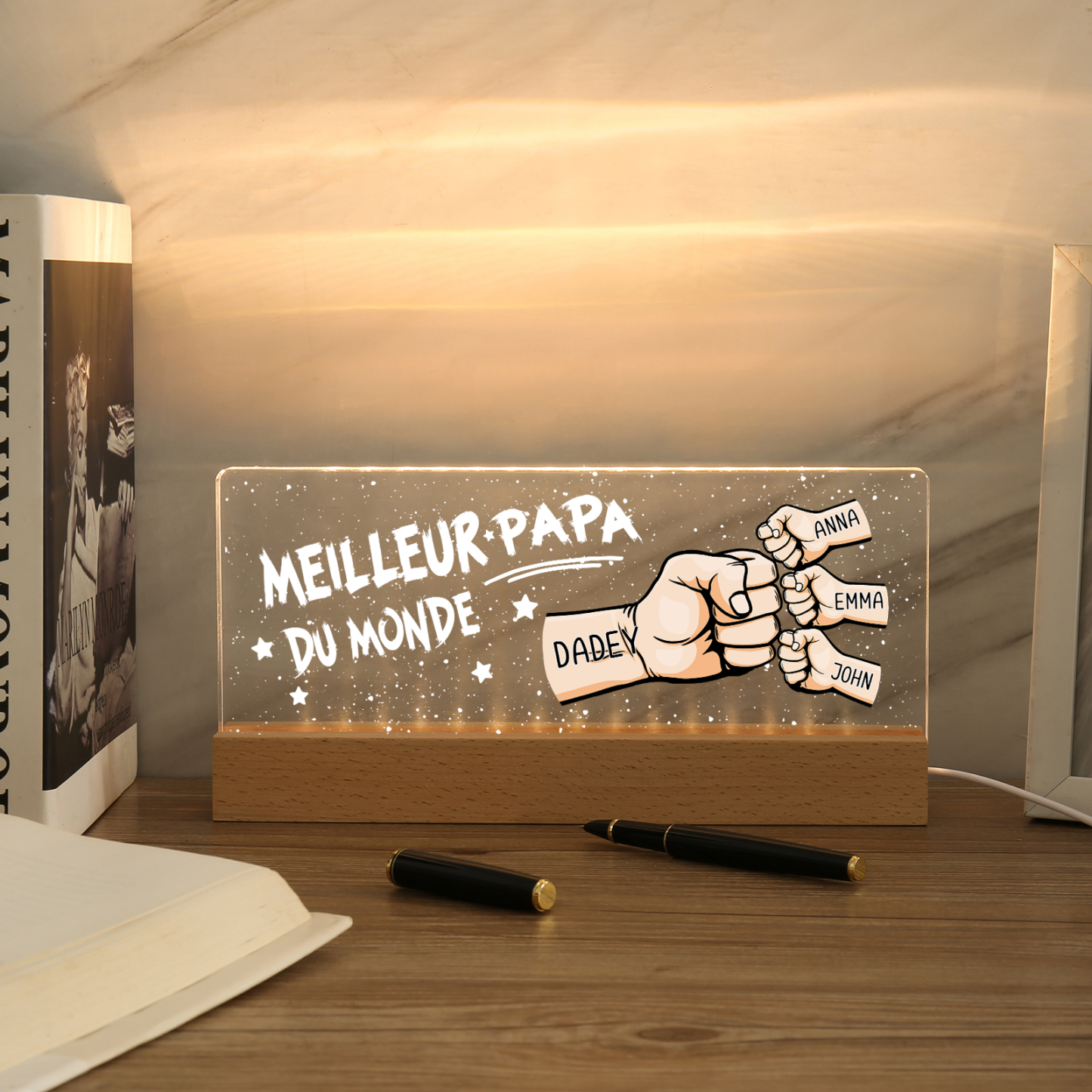 À mon Papa- Lampe de chevet LED Poings 4 Prénoms Personnalisés