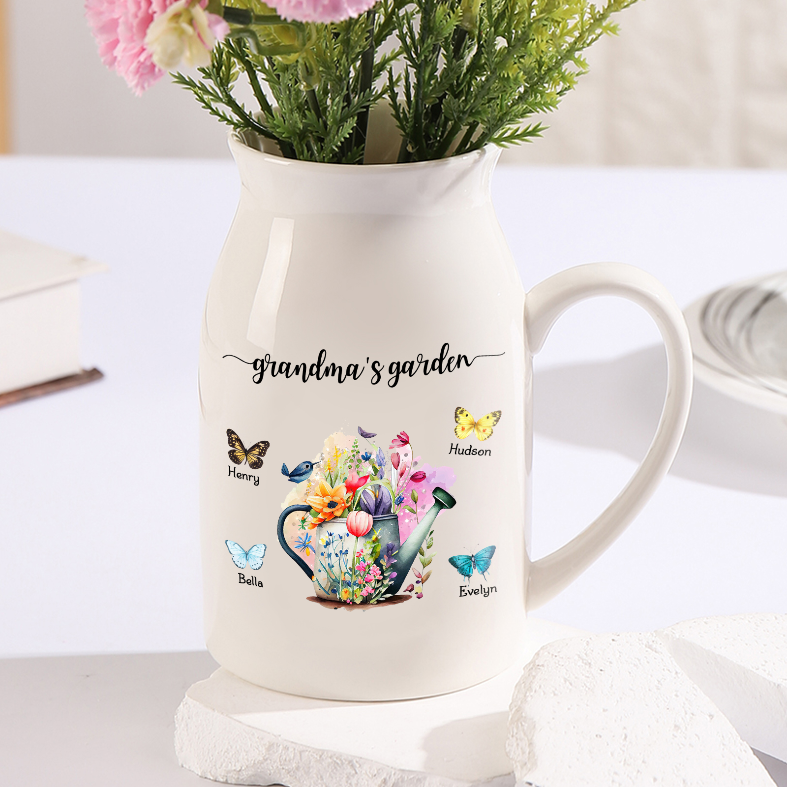 Vase à Fleurs 4 Prénoms Personnalisés avec 1 Texte Décoration de la Maison