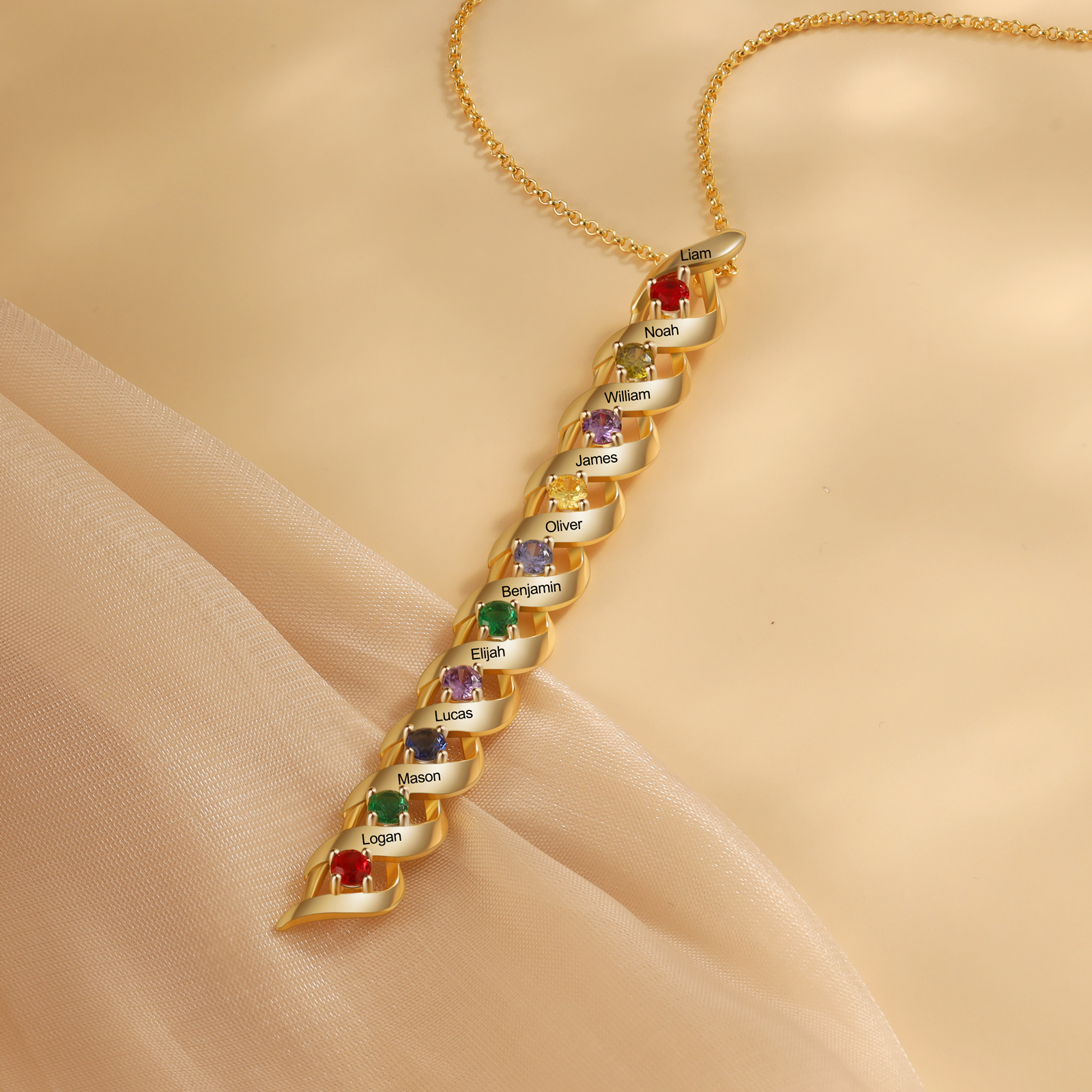 Collier Femme 10 Prénoms Personnalisés avec 10 Pierres de naissance